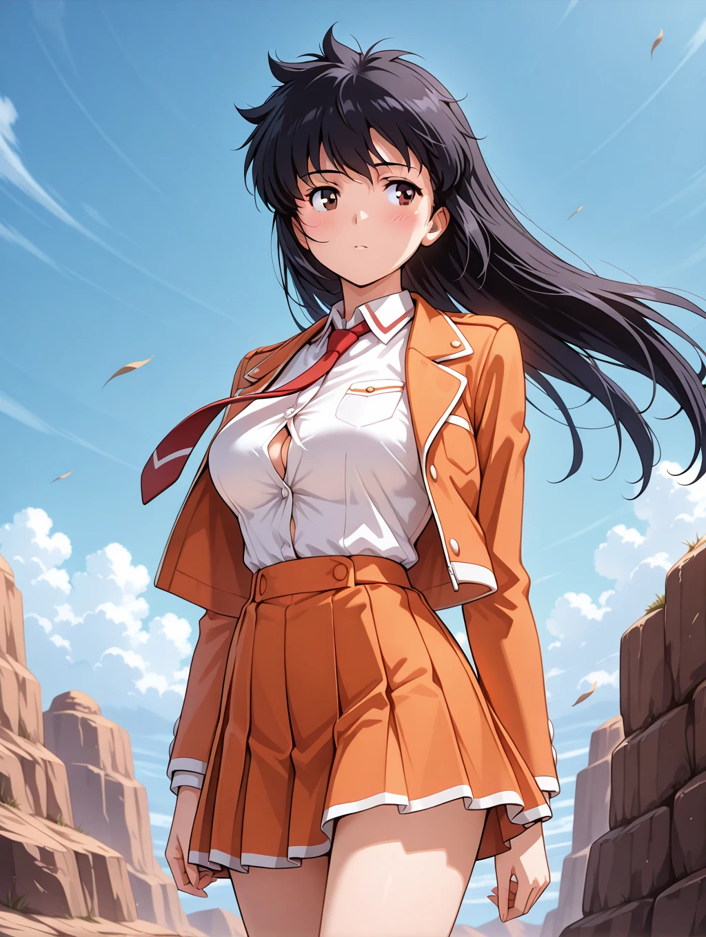 masterpiece,best quality,amazing quality,absurdres, perfectly-draw,<lora:LisaPacifistXLv1-001:0.81>, 1girl, lisapacifist, black hair, brown eyes, hair down, long hair, standing, orange jacket, open jacket, white shirt, sleeveless, red necktie, button gap, sideways glance, <lora:illustriousXL_stabilizer_v1.7:1> , outdoors, blue sky, wind, floating hair, orange pleated skirt, white trim,