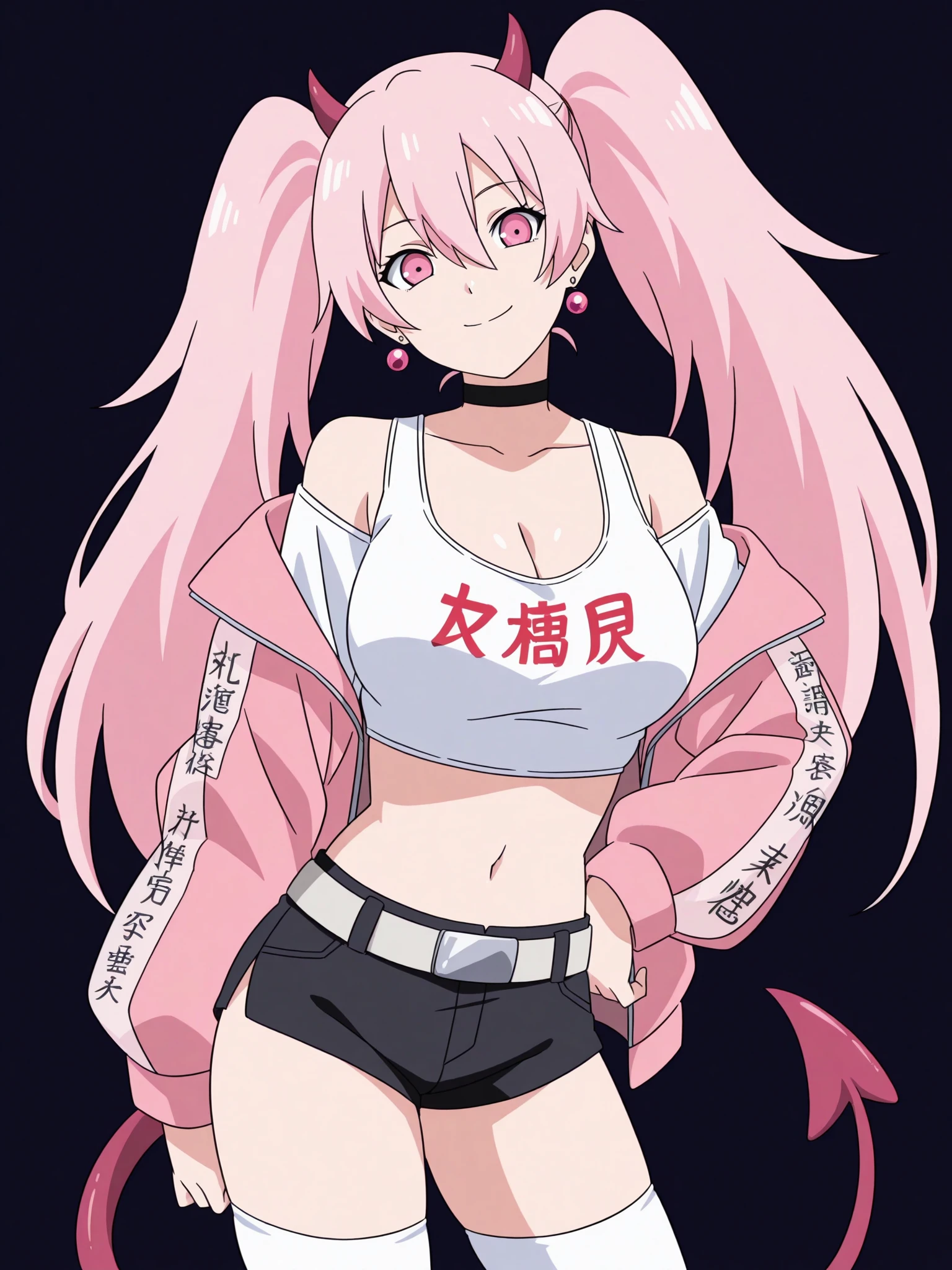 1girl, solo, breasts, tail, pink_hair, horns, demon_tail, shorts, jacket, twintails, large_breasts, smile, looking_at_viewer, long_hair, navel, choker, black_background, pink_eyes, short_shorts, belt, demon_girl, pink_jacket, demon_horns, simple_background, tank_top, open_jacket, cleavage, black_shorts, open_clothes, thighhighs, off_shoulder, bare_shoulders, closed_mouth, head_tilt, hair_between_eyes, cowboy_shot, jewelry, micro_shorts, collarbone, black_choker, white_thighhighs, crop_top, bangs, earrings, clothes_writing, shirt, midriff, standing, see-through, contrapposto, long_sleeves,
<lora:Naruto_Shippuden_Illustrious_SD8:1>