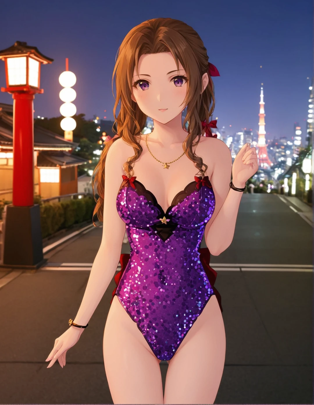 Aerith in purple sequin mini dress, front shot, perfect body, standing outside, Japan, Tokyo Night,  <lora:Aerith-TestVersion:1>