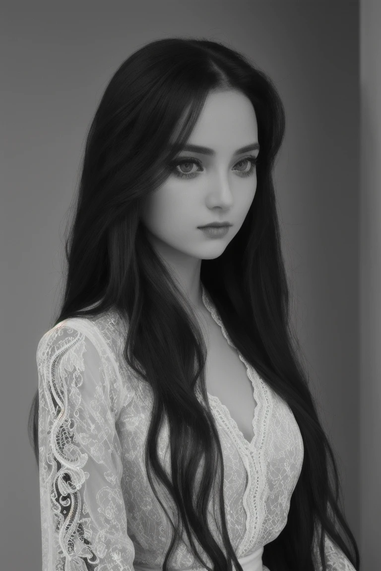 aiyana lewis, pretty only 1girl, long black hair, wizard, dark skinned, white wolf at background, innocent eyes, masterpiece, hd, ultradetailed, realist, impressionalism, hyperrealisic, real, hd, magical