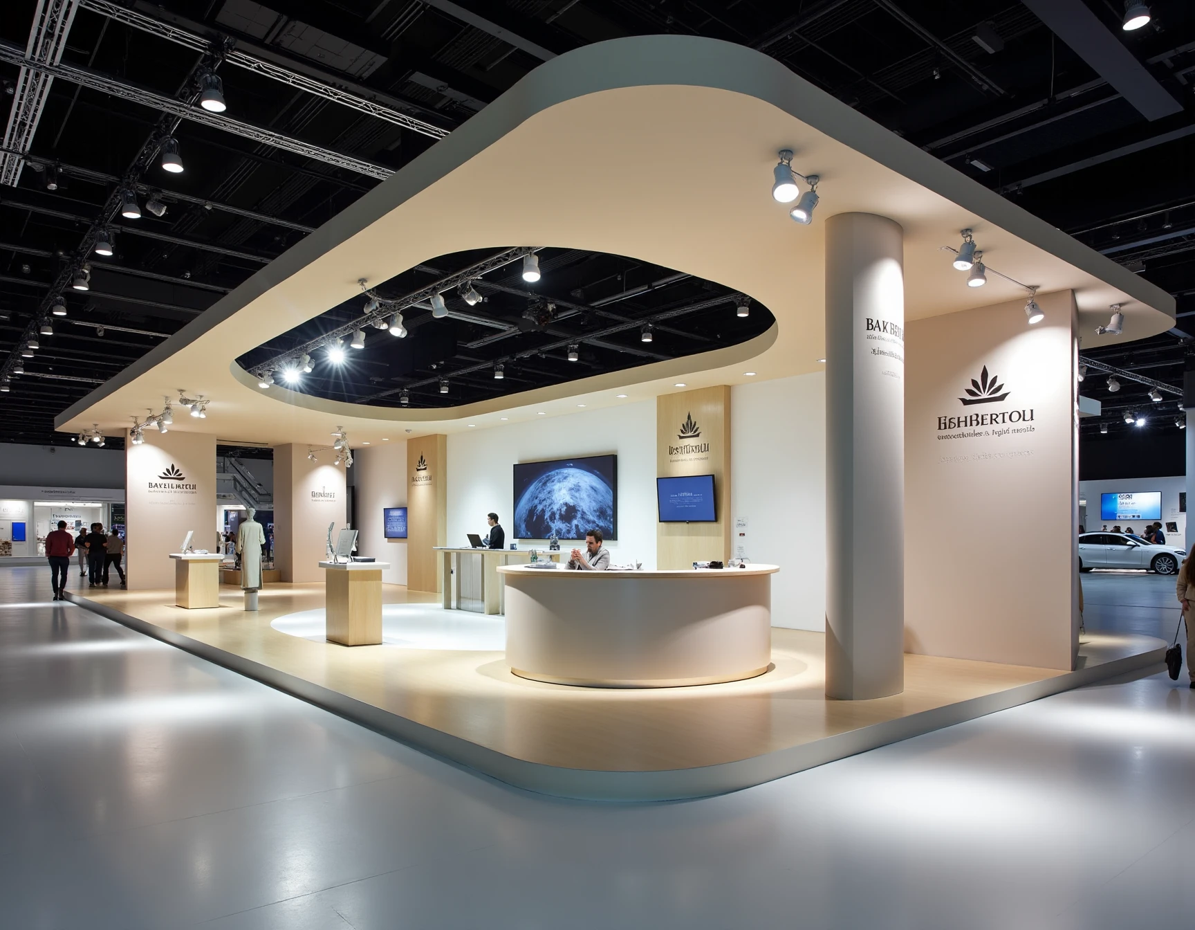 <lora:JJsExhibition_Flux:1> , (exhibition), indoors , scenery, no humans, counter,ceiling light,, english text, table, reflection, curvy,, photography, capturing moments, storytelling, creative composition