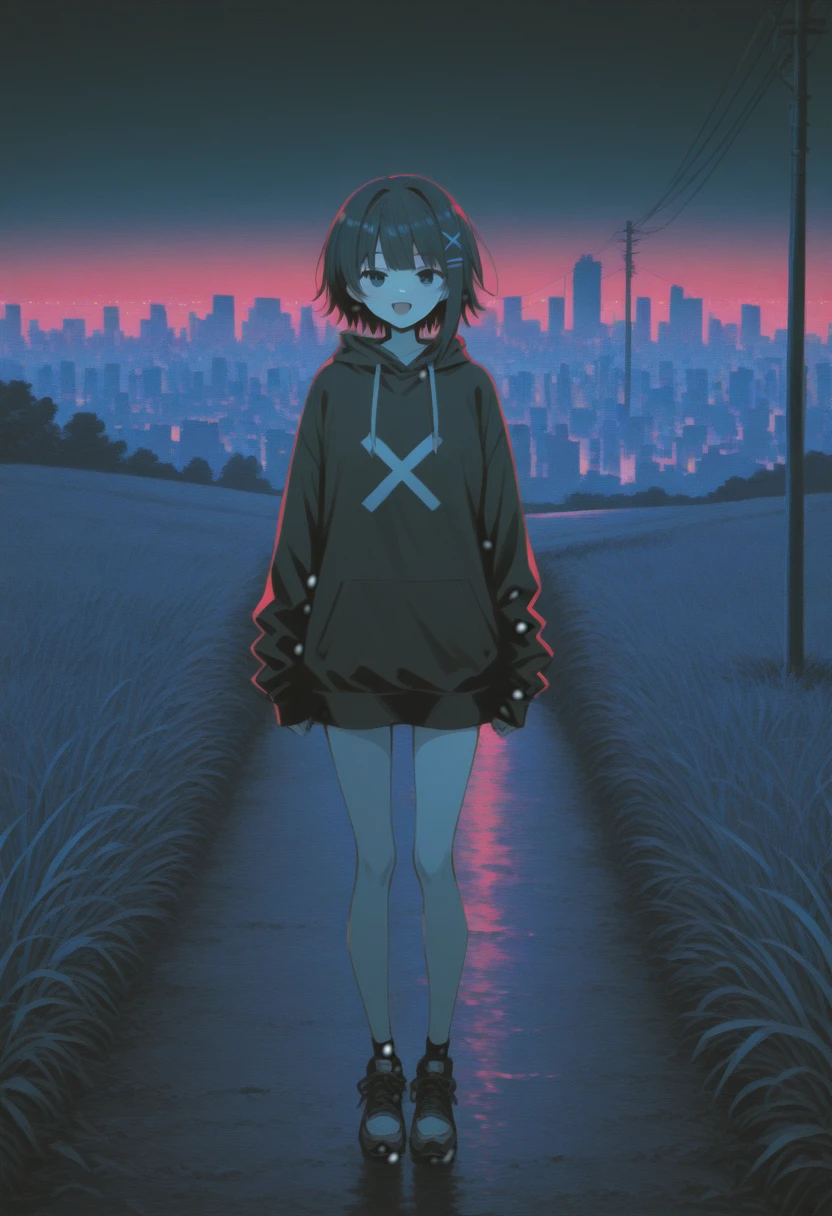 1girl,looking at viewer,full body shot,sleeves,full body,:d,glitch art,glitching,glitch,scanlines,monochrome,outdoors,power lines,wide shot,reddish sky,grass,hill,expressionless,x hair ornament,city lights in background,city in background,skyscraper in background,skyline,stylish,dark theme, <lora:arcain-2411:1>