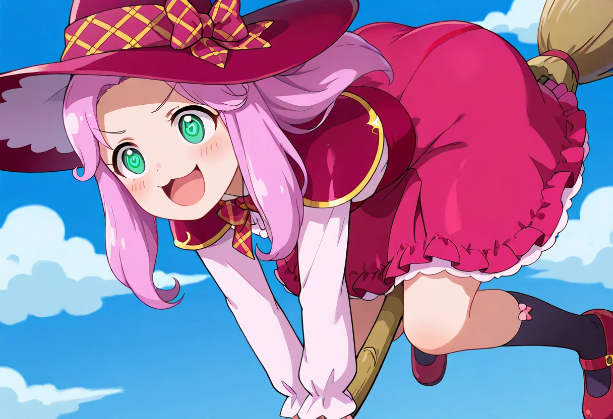 masterpiece, best quality, absurdres, very aesthetic, general,
hanami kotoha, magic school uniform, mgcschl uniform, 1girl, solo, witch hat, pink hair, open mouth, school uniform, smile, broom, kneehighs, :d, pink headwear, black legwear, v-shaped eyebrows, :d, @ @, evil smile, :3, tngue, symbol in eye, crazy eyes, broom riding, full body, blue background, blue sky, cloud, pink bow, green eyes, purple hair, blush, hat bow, plaid bow, holding broom, long hair, looking at viewer, long sleeves, red headwear, legs apart, red footwear, v arms, pink dress, leaning forward, bent over, hat ribbon, red dress, happy, red bow, mary janes, flying, black socks, cape, sky, pink skirt, looking up,
<lora:cure_felice_hanami_kotoha_illustXL_locon_v1:0.7>