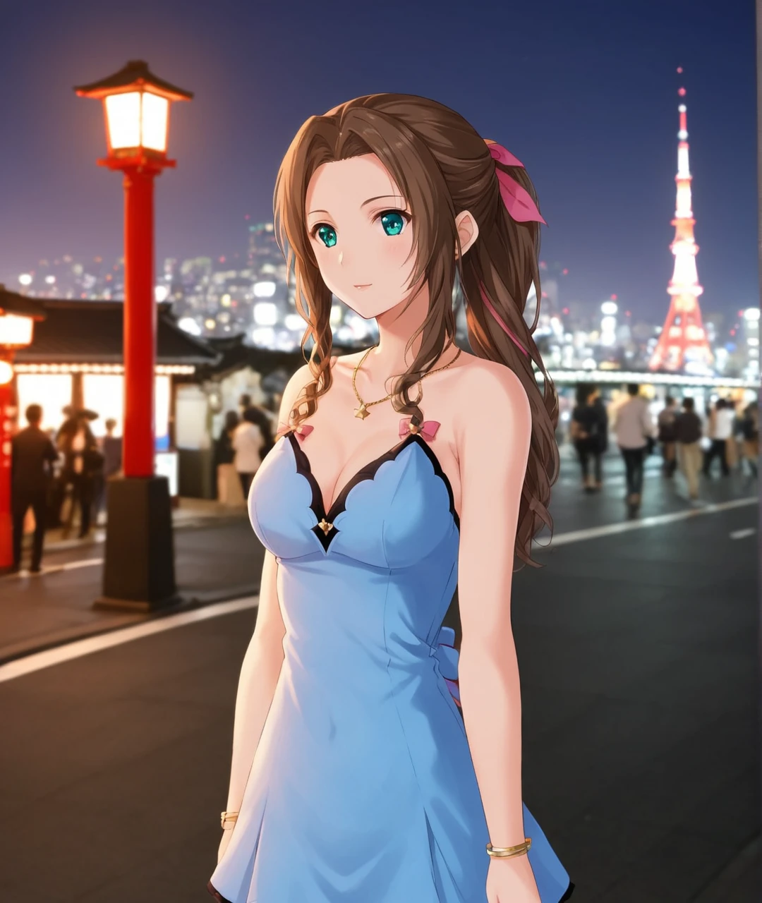 Aerith in harlet neck lock blue mini dress, mid shot, side shot  <lora:Aerith-TestVersion:1>, outdoors, Tokyo, Japan, Night Time, bokeh