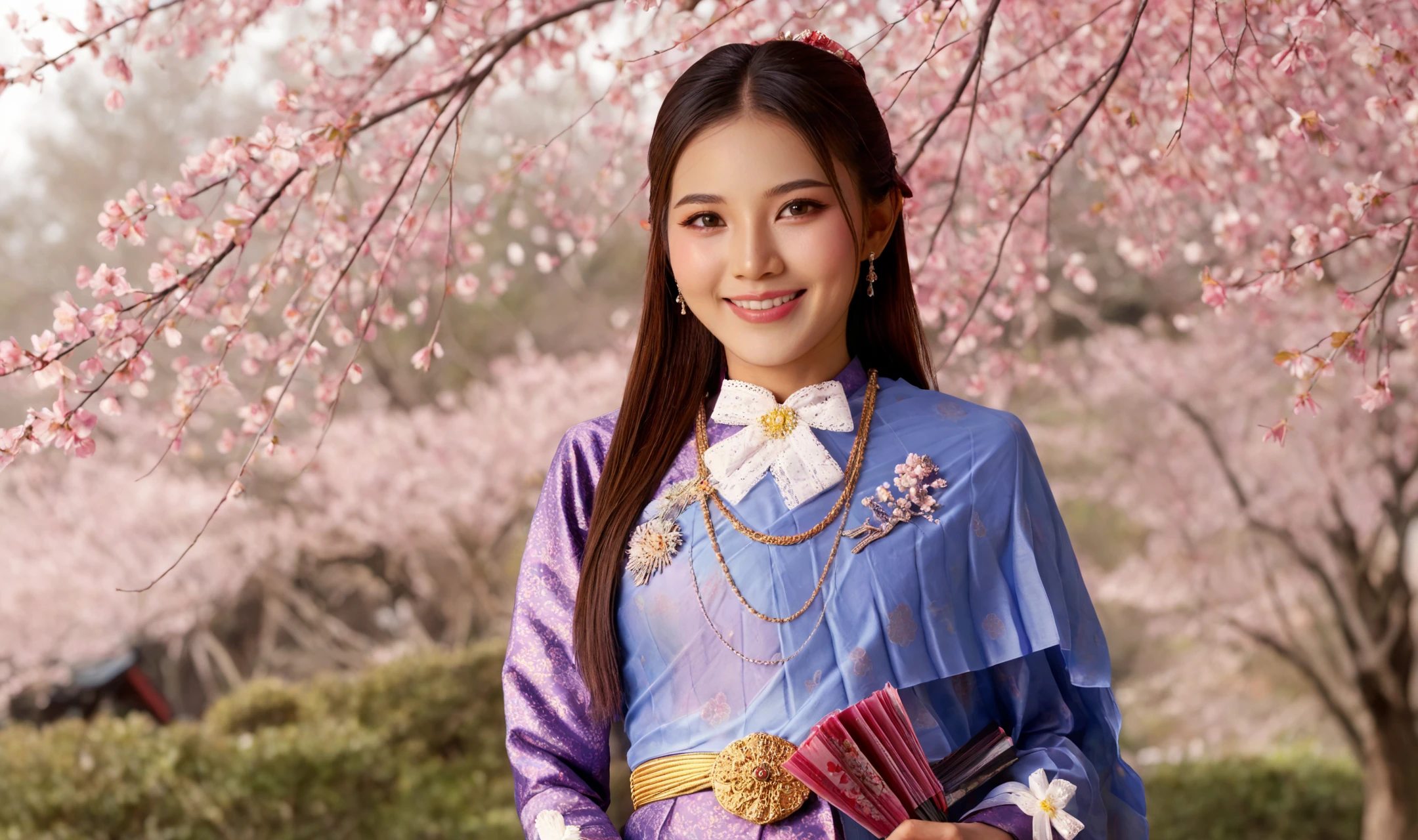 score_9, score_8_up, score_7_up, realistic, masterpiece, cinematic light,
1girl, thai girl, solo, very long hair, <lora:SDXL_BTT_CHONGKABEN SABAI_v01D:0.8> thai clothes, smile, upper body, blue clothes, tights,
(outdoors:1.2), japan, sakura tree, sakura, flower, flower petals scattered in the breeze, snowing,
<lora:LCMTurboMix_Euler_A_fix:1> <lora:pony_good_hands:1>