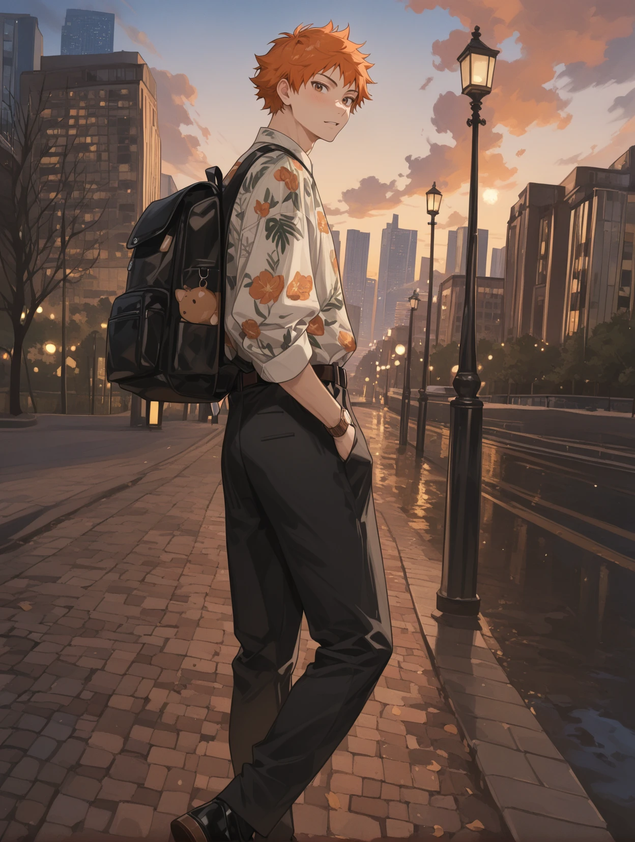 HinataShoyoCYQL,1boy,male focus,solo,short hair,orange hair,brown eyes,Printed shirt, Slim-fit trousers, Derby shoes, Canvas backpack, Round sunglasses, Statement wristwatch,drunk,looking_back,
BREAK
scenery,building,outdoors,sky,city,cloud,cityscape,skyscraper,lamppost,cloudysky,sunset,tree,road,citylights,,
BREAK
<lora:ponyv4_noob1_2_adamW:0.7>,<lora:spo_sdxl_10ep_4k-data_lora_webui:0.6>,<lora:USNR STYLE_XL_lokr:0.45>,<lora:illustrious_all_rated_v1:0.7>,<lora:96YOTTEA-WAI:0.8>,<lora:HinataShoyoCYQL:1>,
perfect quality,high quality,masterpiece,best quality,amazing quality,very aesthetic,absurdres,newest,