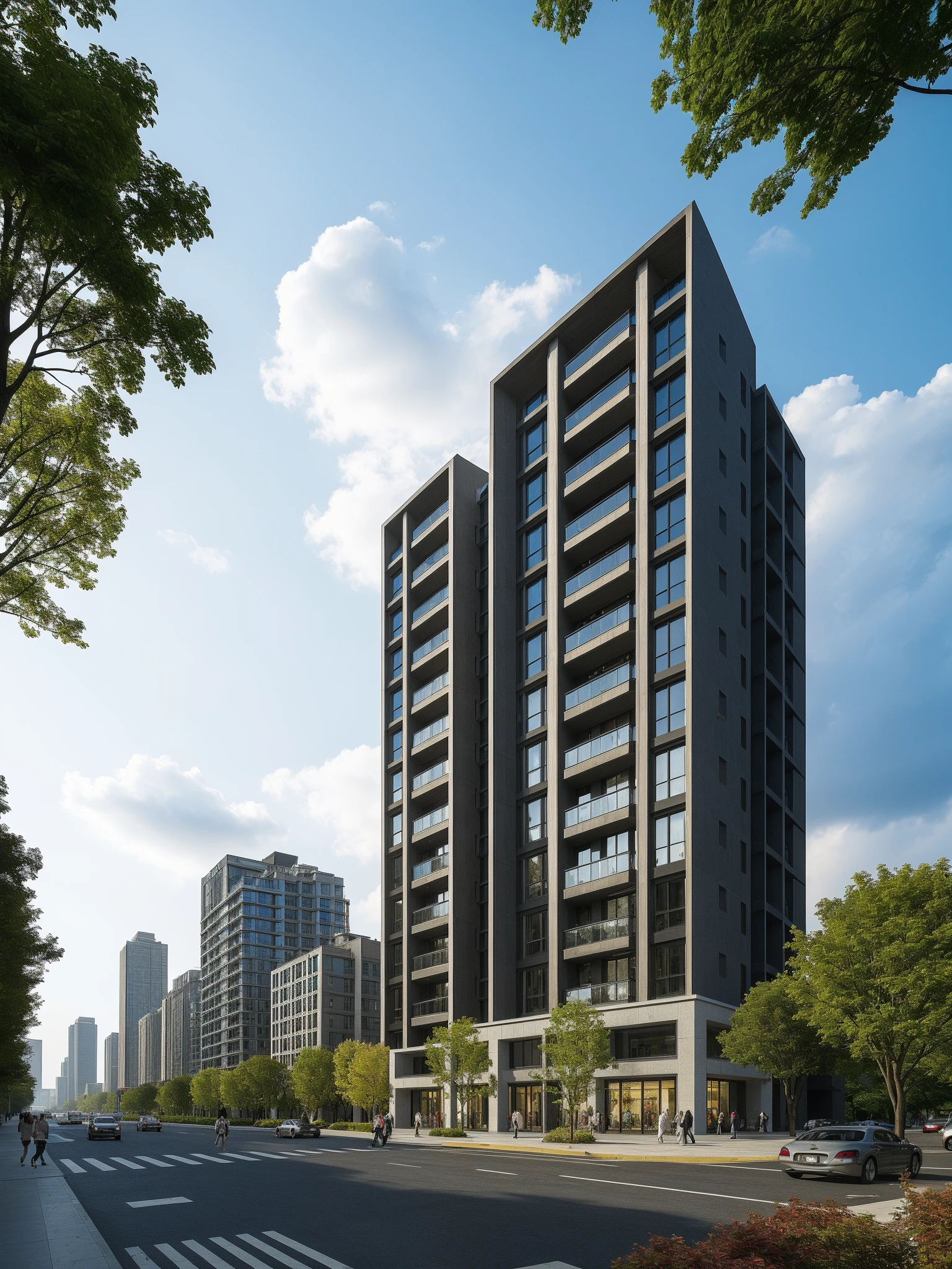 <lora:JJsBuilding_Apartment:.7>,((best quality)),((masterpiece)),((realistic)), , photorealistic, (Archviz), ((Apartment)), car, motor vehicle, outdoors, sky, ground vehicle, scenery, building, city, road, cloud, crosswalk, real world location, lamppost, tree, street, cityscape ,cloud , sidewalk, wood ,bush ,flower ,autumn leaves,