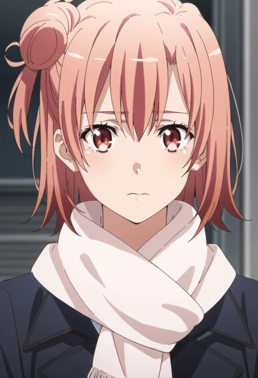 score_9, score_8_up, score_7_up, source_anime, yuigahama yui, pink hair, single hair bun, short hair, red eyes, 1girl, solo, scarf, hair bun, white scarf, anime coloring, sad