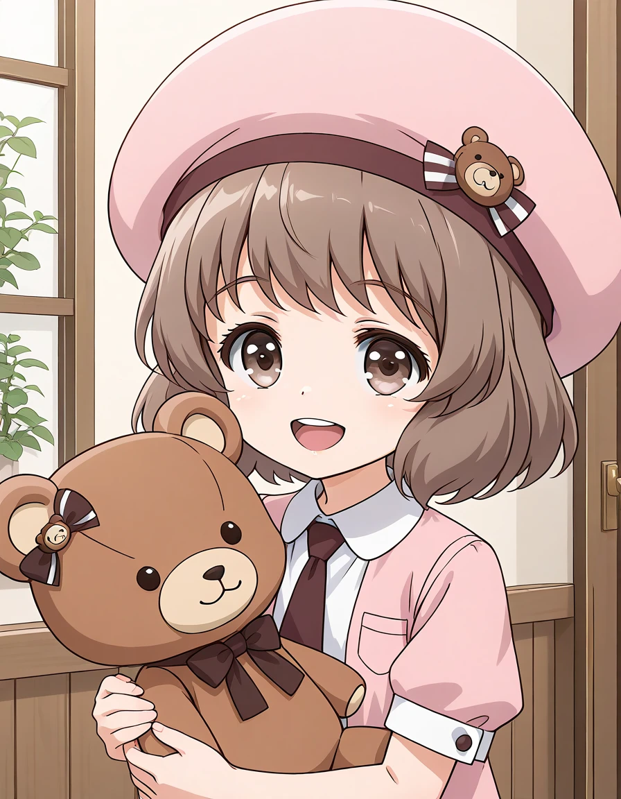 general,highres, ultra-detailed,very aesthetic,best quality ,best hands, BREAK <lora:Amatsuka_Sakura_IS:1>
AmatsukaSakura, 1girl,solo, brown hair, short hair, brown eyes, bangs, hat, 2020s (style), anime coloring, smile, chibi, pink hat, beret, teddy bear,
1girl, solo, necktie, smile, open mouth, looking at viewer,
upper body, short sleeves, shirt, :d, pink shirt, vest, teeth, collared shirt, upper teeth only,
room,