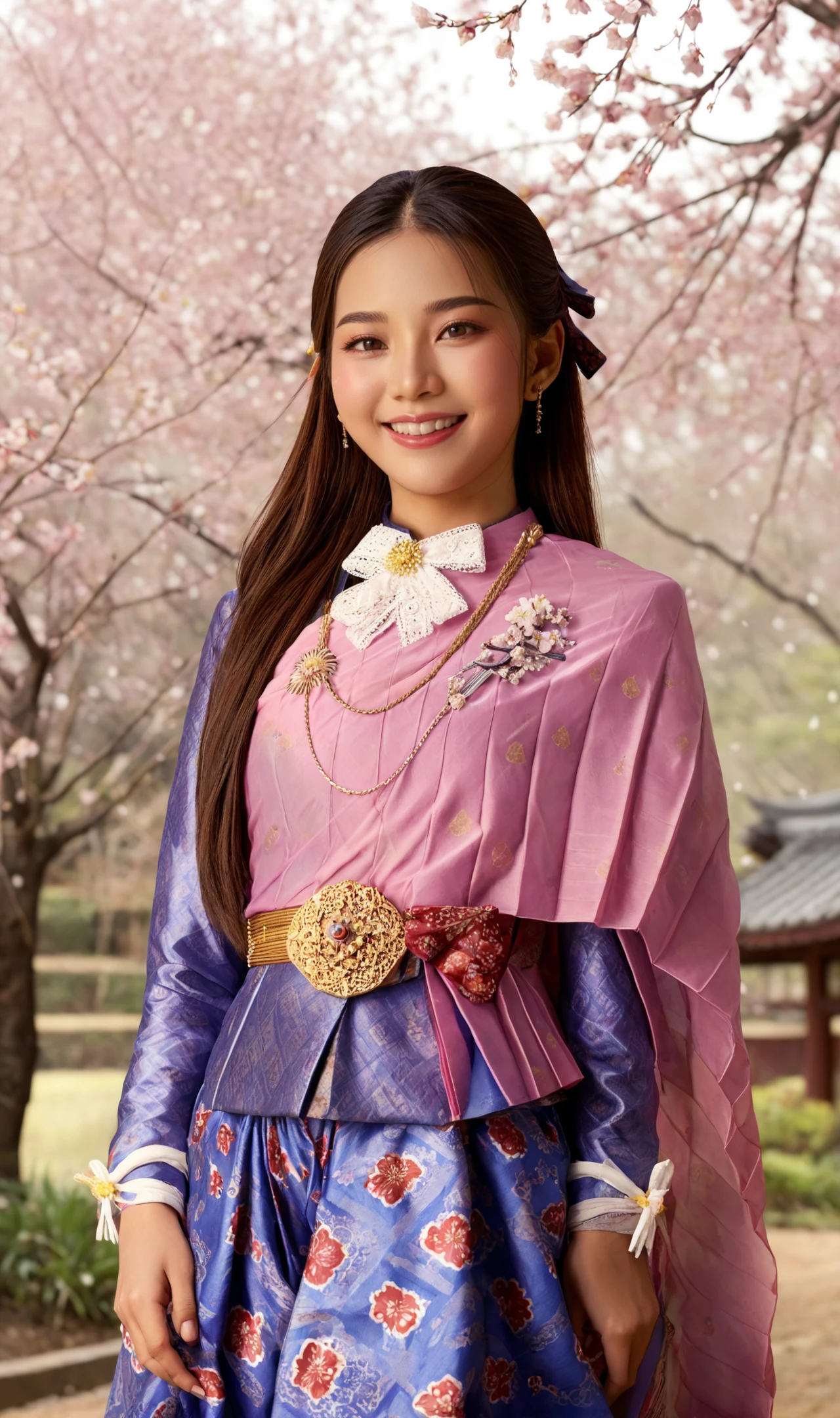 score_9, score_8_up, score_7_up, realistic, masterpiece, cinematic light,
1girl, thai girl, solo, very long hair,  <lora:SDXL_BTT_CHONGKABEN SABAI_v01D:0.8> thai clothes, smile, upper body, blue clothes, tights,
(outdoors:1.2), japan, sakura tree, sakura, flower, flower petals scattered in the breeze, snowing,
<lora:LCMTurboMix_Euler_A_fix:1> <lora:pony_good_hands:1>