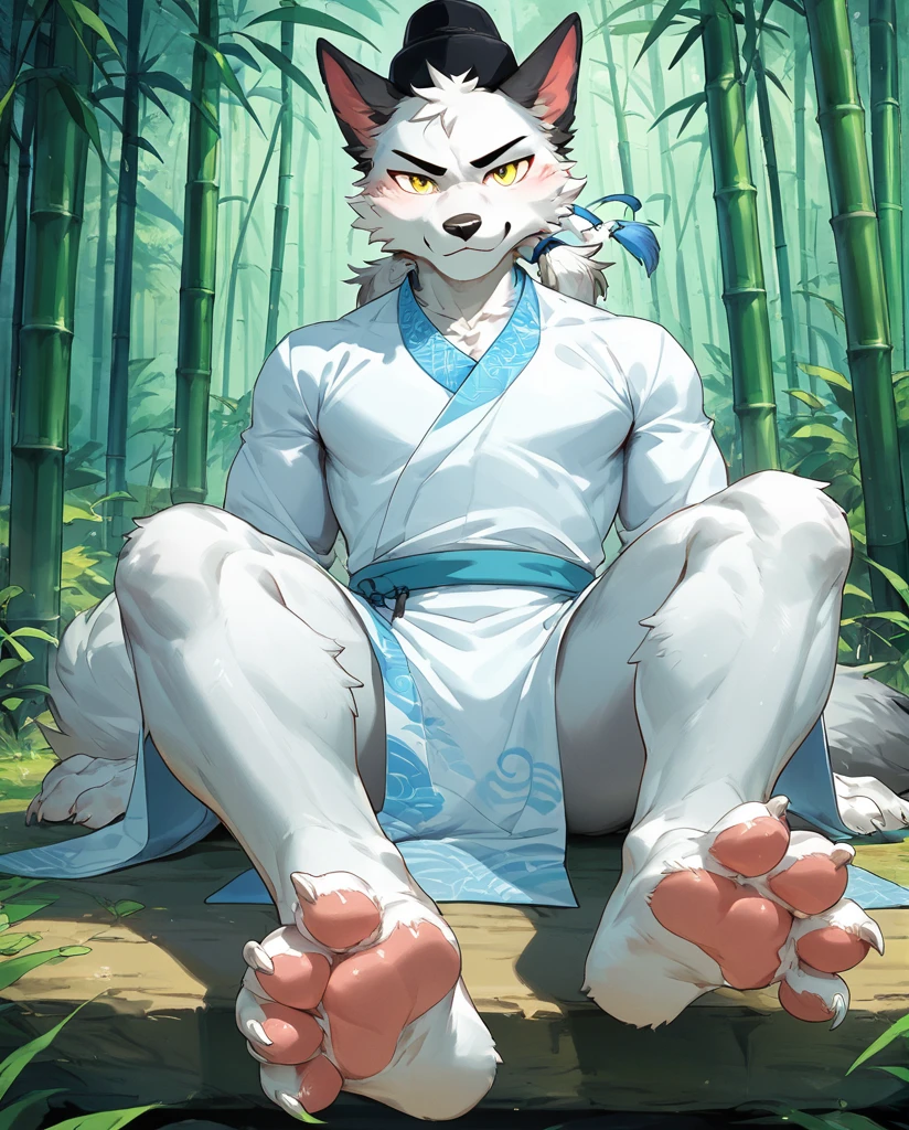 Score_9,score_8_up,score_7_up,1boy,muscular,furry,solo,libai,yellow eyes,fluffy tail,black headwear,clothes,front view,sitting,feet focus,feet,soles of feet,Show your paws,paws with claws,nature,bamboo forest,<lora:Poetry_Animal_City_Pony_v1.2>,<lora:add-detail-xl:3>,misc,