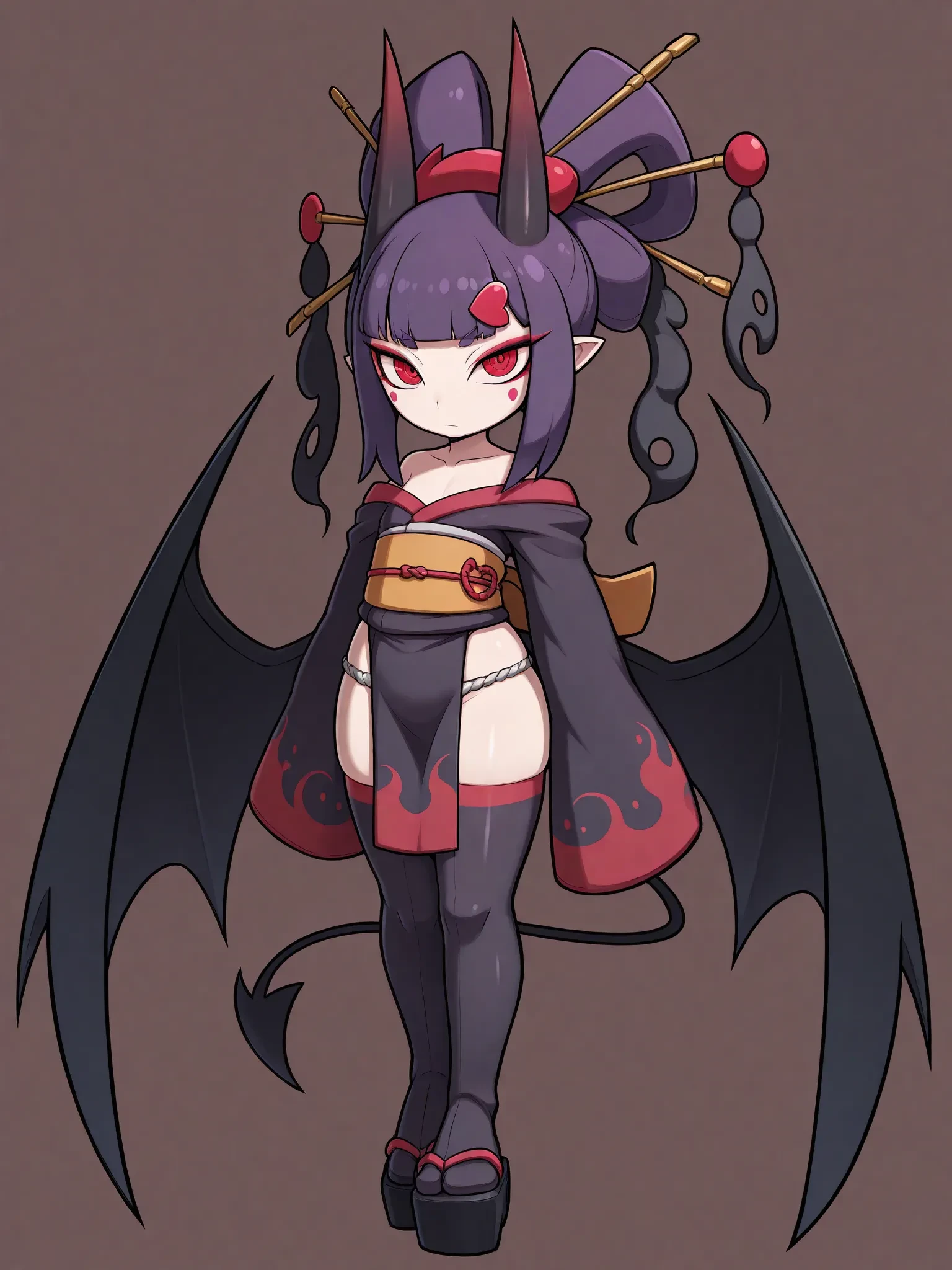 1 girl, light skin, oni horns, fangs, black hair, emo bangs, long spiky ponytail, red eyes, small breasts, purple short kimono, open kimono, black bikini, sandals, :), detailed body, detailed face, detailed eyes, glistering body, shiny body, full body, japanese temple, clear sky, standing,