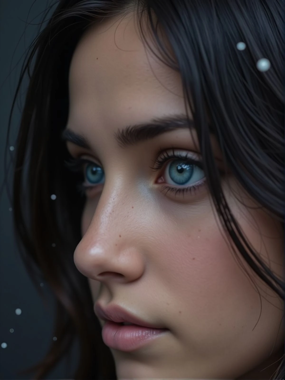 Sharp close shot of a young woman eye. There is a black wall behind her and magical floating particles. <lora:woomy-1-flux:1> blue eyes, black hair, medium hair,