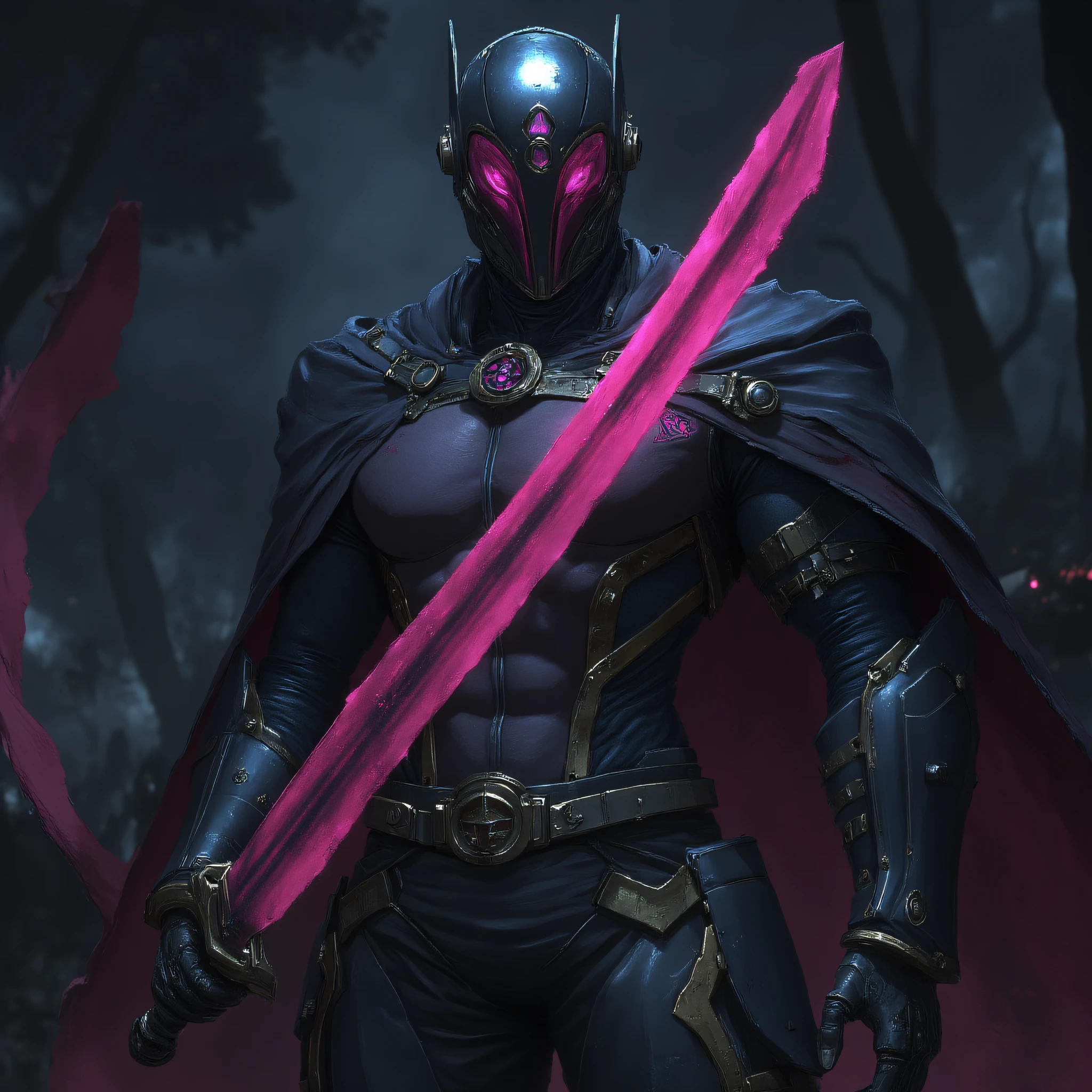ArsMJStyle, Crimson Luminary, The image shows a man in a black suit holding a pink sword in front of a dark background. He is wearing a mask and is standing in a heroic pose ready to take on any challenge. The image is animated giving it a dynamic and powerful feel., weapon, holding, sword, solo, holding weapon, cape, holding sword, 1girl, black cape, helmet