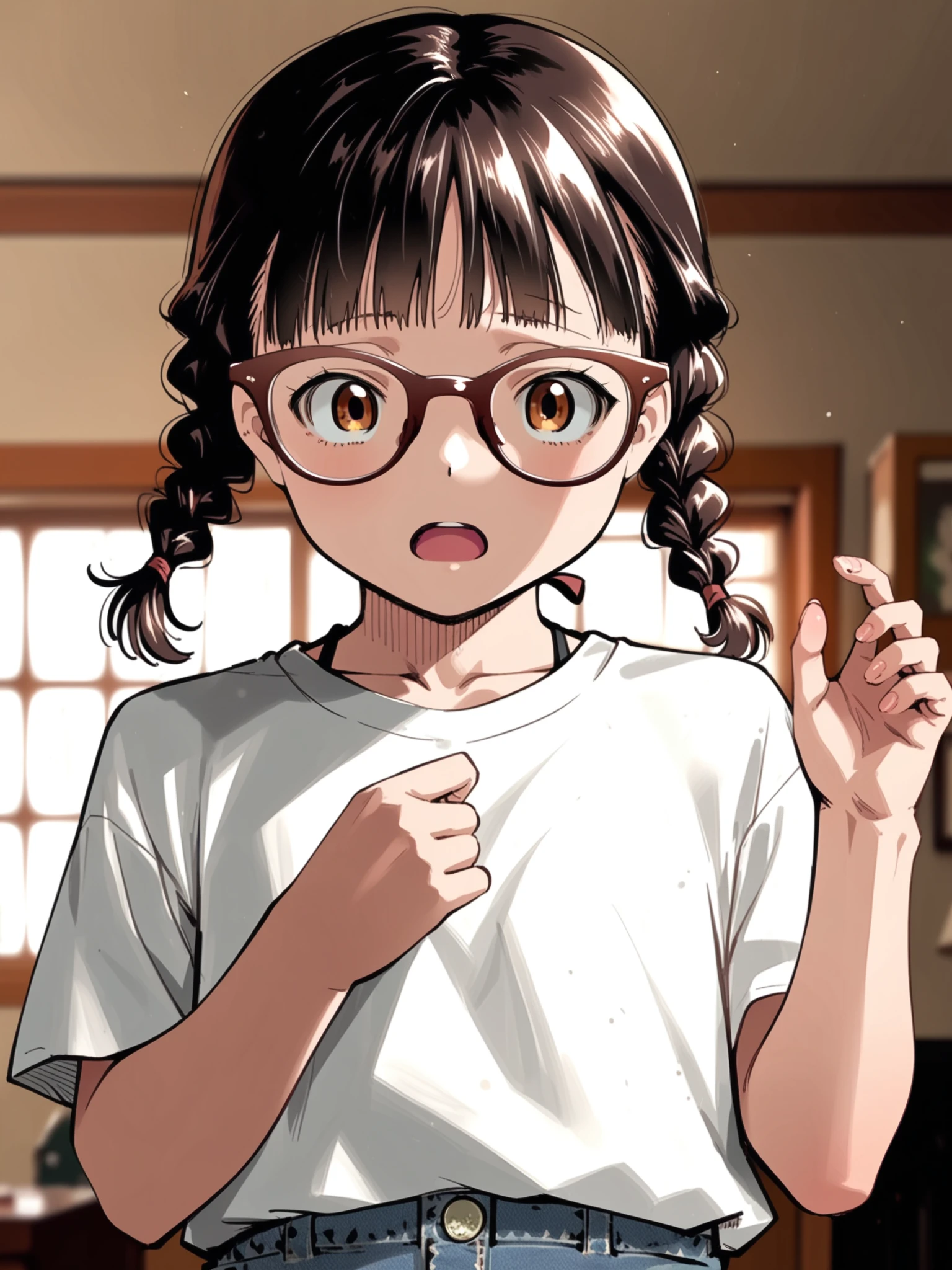 <lora:happy_tentacle-mitorinka-v0.2:1>, ht_mitorinka, glasses, flat chest, brown hair, brown eyes , surprised, wide-eyed, indoors, living room cowboy shot, 1girl, (petite:1.2), solo focus, (looking at viewer:1.1), sidelighting, (depth of field:0.8), (from below:0.8), [(realistic, photorealistic:1.1):(realistic:1.3):22], [(3d:1.2)::10], <lora:LUUNA's Lunas-NijiJourney-SDXL-B2:0.6>, nijijourney, <lora:prgfrg23's Counterfeit-V3.0 Style SDXL_LoRA_Pony Diffusion V6 XL:0.3> score_9, score_8_up, score_7_up, score_6_up, score_5_up, score_4_up
