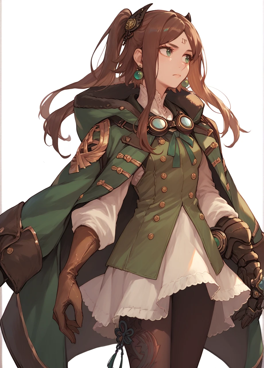 <lora:Nier_Four-PONY:0.8> 1girl, solo, brown hair, sidelocks, two-sides up, hair ornament, forehead mark, green eyes, earrings, goggles around neck, jacket on shoulder, brown glove, single gauntlet, dress, pantyhose, cowboy shot, white background, score_9, score_8_up, score_7_up, score_6_up,