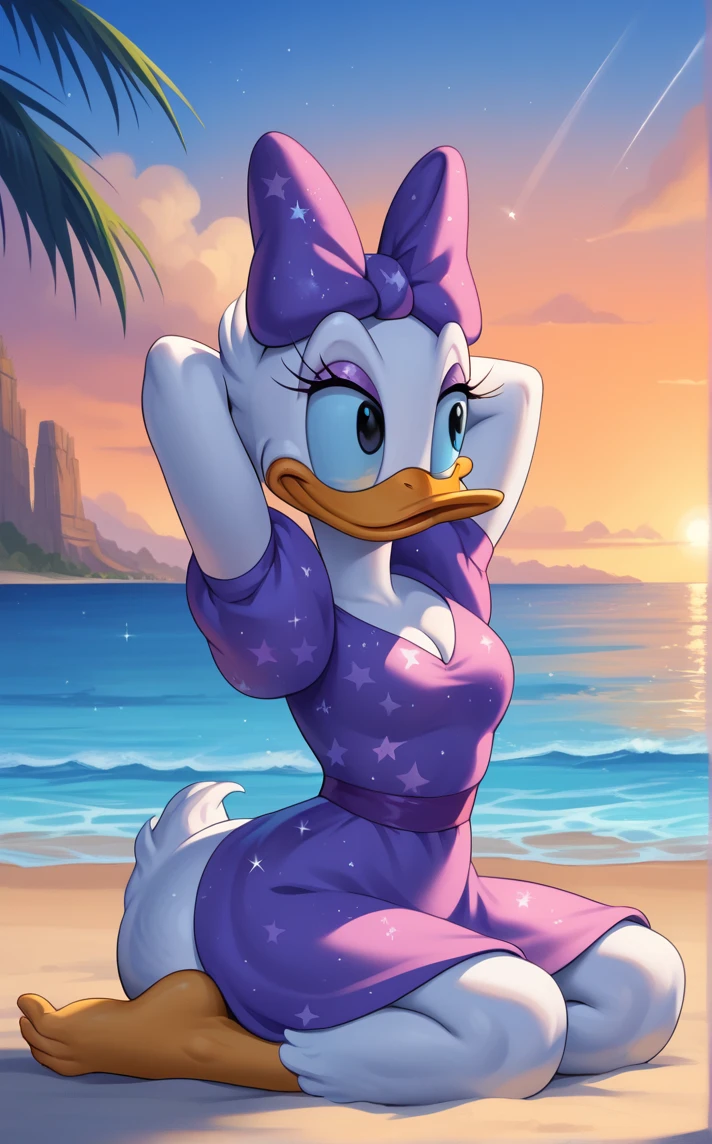 uploaded on e621, portrait of Daisy Duck (purple bow on head), (ponytail), ((purple swimsuit)), (medium breasts), (tailfeathers), (blush), (open mouth smile), (female cartoon duck), (yellow legs), (avian), BREAK. (8k), (detailed lighting), (sunset), (rear view), (hand on hip), (3d), ((detailed feathers)), (perfect face), ((looking at viewer)), (by qupostuv35:1.0), [sunrays], [perfect 4k lighting], ((depth of field)), (suggestive content), ((best quality)), (((masterpiece))), BREAK