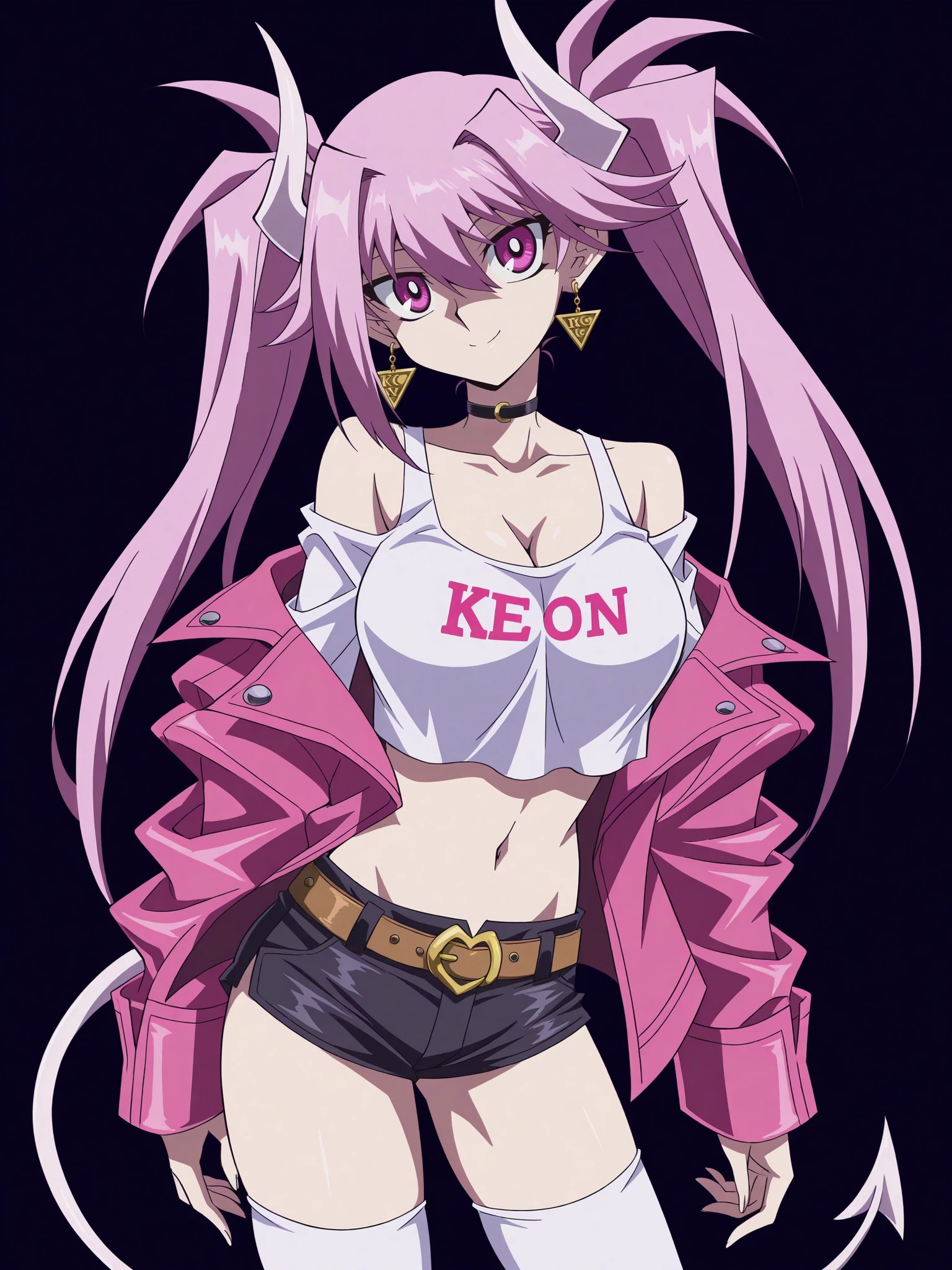 1girl, solo, breasts, tail, pink_hair, horns, demon_tail, shorts, jacket, twintails, large_breasts, smile, looking_at_viewer, long_hair, navel, choker, black_background, pink_eyes, short_shorts, belt, demon_girl, pink_jacket, demon_horns, simple_background, tank_top, open_jacket, cleavage, black_shorts, open_clothes, thighhighs, off_shoulder, bare_shoulders, closed_mouth, head_tilt, hair_between_eyes, cowboy_shot, jewelry, micro_shorts, collarbone, black_choker, white_thighhighs, crop_top, bangs, earrings, clothes_writing, shirt, midriff, standing, see-through, contrapposto, long_sleeves,
<lora:Dark_Side_Of_Dimensions_Illustrious_SD8:1>
