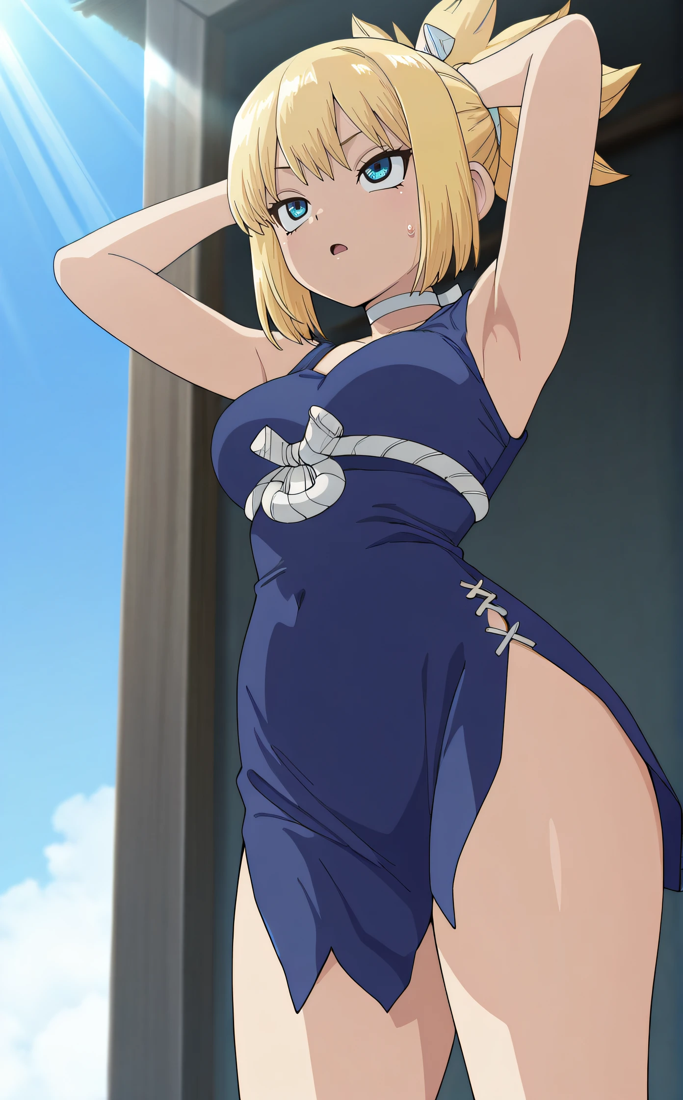 masterpiece, best quality, highres, newest, 1girl, solo, official style, anime screncap, <lora:IL_Kohaku:1>, kohaku, blonde hair, blue eyes, white choker, blue sleeveless dress, thighs, looking up, sweatdrop, blue sky, sunlight, open mouth, narrowed eyes, armpit, hands over own head, outdoor