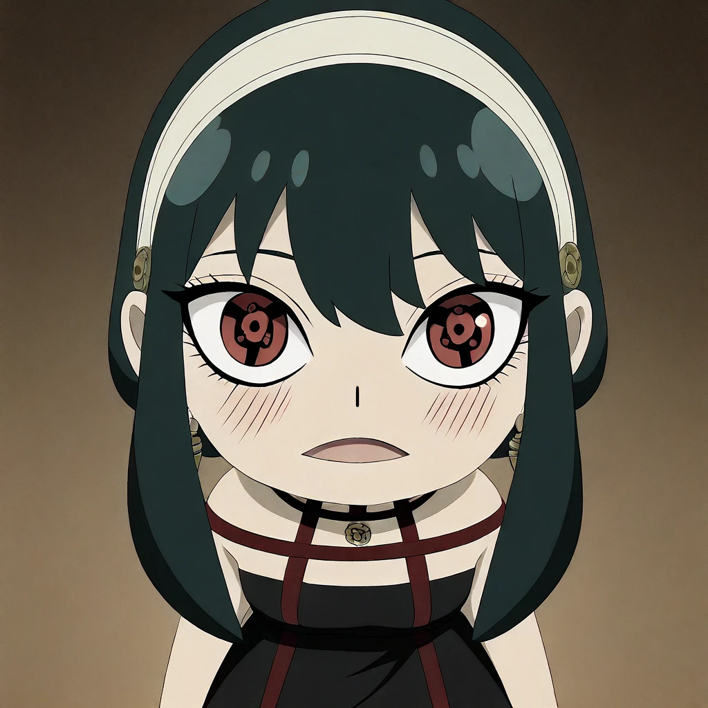 masterpiece, best quality, newest, absurdres, highres,  anime, anime style, Mangekyo-IL-V1.2-Madara, red eyes, symbol-shaped pupils, 1girl, yor_briar, spy_x_family, 1girl, black_hair, red_eyes, black dress,