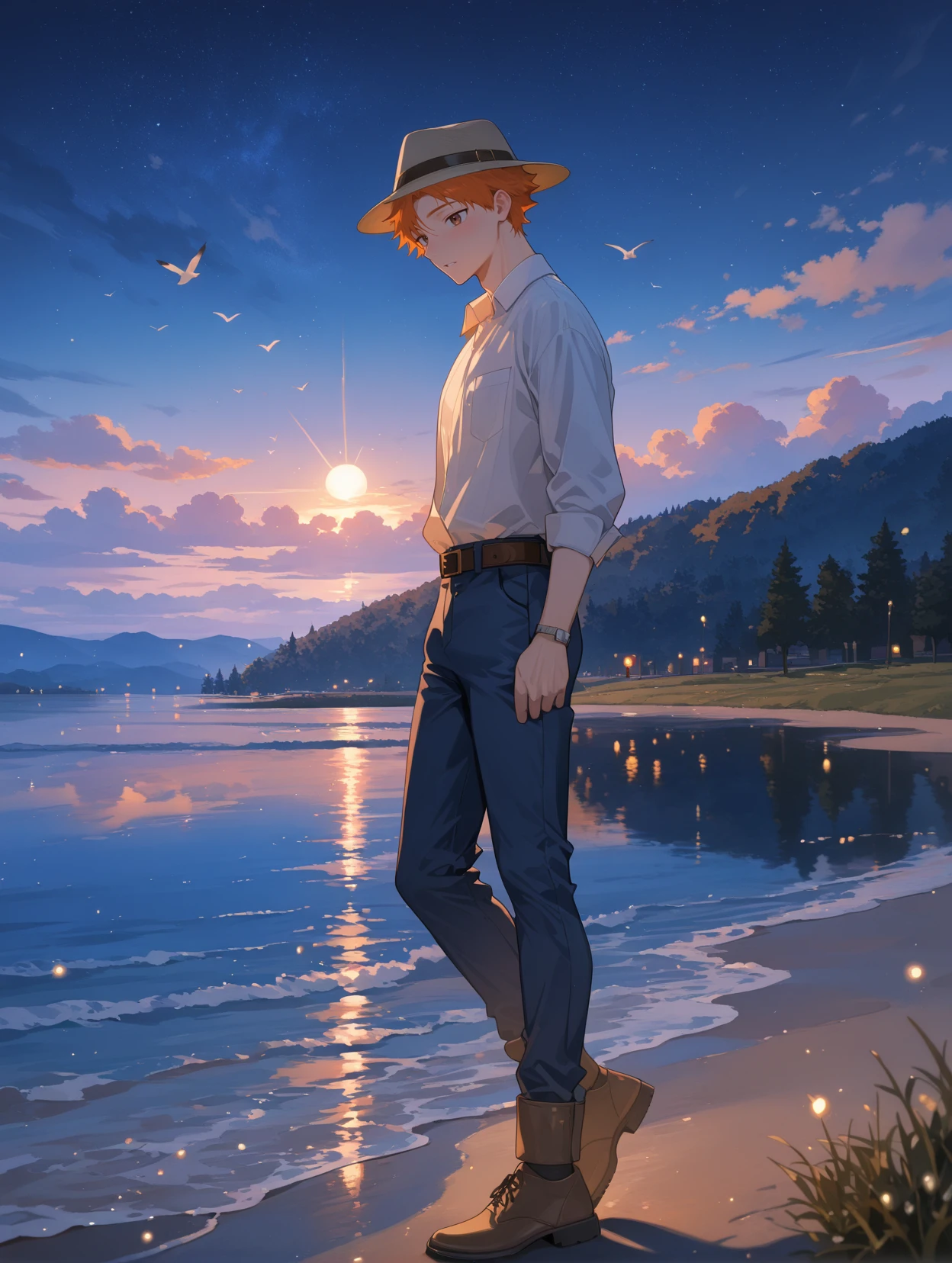 HinataShoyoCYQL,1boy,male focus,solo,short hair,orange hair,brown eyes,Linen button-up shirt, Slim-fit jeans, Suede desert boots, Woven belt, Fedora hat, Leather bracelet,smile,looking_down,
BREAK
tree,scenery,sky,star(sky),starrysky,outdoors,night,nightsky,horizon,cherryblossoms,ocean,water,petals,cloud,baretree,bird,glowing,palmtree,gradientsky,star(symbol),fantasy,light,moon,shootingstar,lensflare,lightparticles,sunset,silhouette,bluesky,lake,grass,landscape,branch,sunrise,reflection,nature,dark,beach,shore,island,purplesky,colorful,standing,animal,flower,sun,hill,plant,mountainoushorizon,twilight,fullmoon,backlighting,bluetheme,mountain,forest,blurry,diffractionspikes,cloudysky,shadow,sunlight,wind,depthoffield,field,dutchangle,lightrays,verywideshot,citylights,reflectivewater,road,flock,river,monochrome,building,sand,leaf,
BREAK
<lora:spo_sdxl_10ep_4k-data_lora_webui:0.5>,<lora:illustrious_all_rated_v1:0.6>,<lora:748cmSDXL:0.8>,748cmstyle,<lora:DarkerThanBlackIllustrious:0.5>,<lora:EtherSDXL:0.5>,EtherStyle,,<lora:HinataShoyoCYQL:1>,
perfect quality,high quality,masterpiece,best quality,amazing quality,very aesthetic,absurdres,newest,