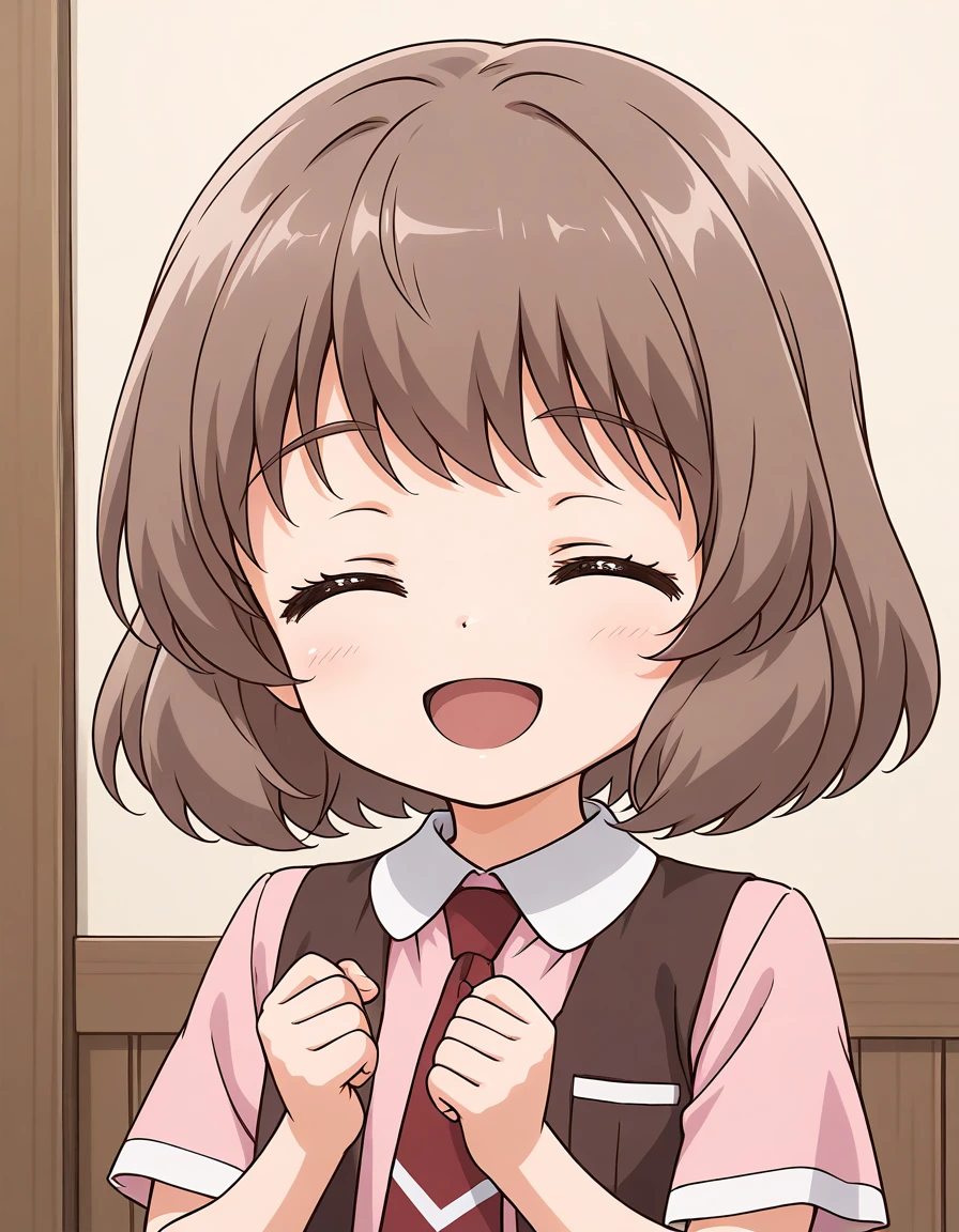 general,highres, ultra-detailed,very aesthetic,best quality ,best hands, BREAK <lora:Amatsuka_Sakura_IS:1>
AmatsukaSakura, 1girl,solo, brown hair, short hair, closed eyes, bangs,
2020s (style), anime coloring, smile, chibi, no hat,
1girl, solo, necktie, smile, open mouth,
looking at viewer, upper body, short sleeves, shirt, :d, pink shirt, vest,
collared shirt,
room,