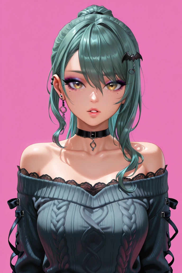 masterpiece,best quality,amazing quality,very absurdres,aesthetic,newest,impactful picture,offcial art,movie perspective,
tamaki \(doa\),mole,mole under eye,ponytail, curly short ponytail, sidelocks, curly sidelocks, hair between eyes, asymmetrical bangs, hair on shoulder, alternate hairstyle,black nails,
bat hair ornament, solo, choker, long hair, makeup, eyeshadow, looking at viewer, pink background, black choker, earrings, jewelry, off shoulder, parted lips, collarbone, parted bangs, bangs, eyeliner, bare shoulders, piercing, upper body, mascara, forehead, lace trim, ear piercing, off-shoulder shirt, shirt, virtual youtuber, off-shoulder sweater, sweater
<lora:doa_tamaki_noobxl_vpred10_v10:1.0>