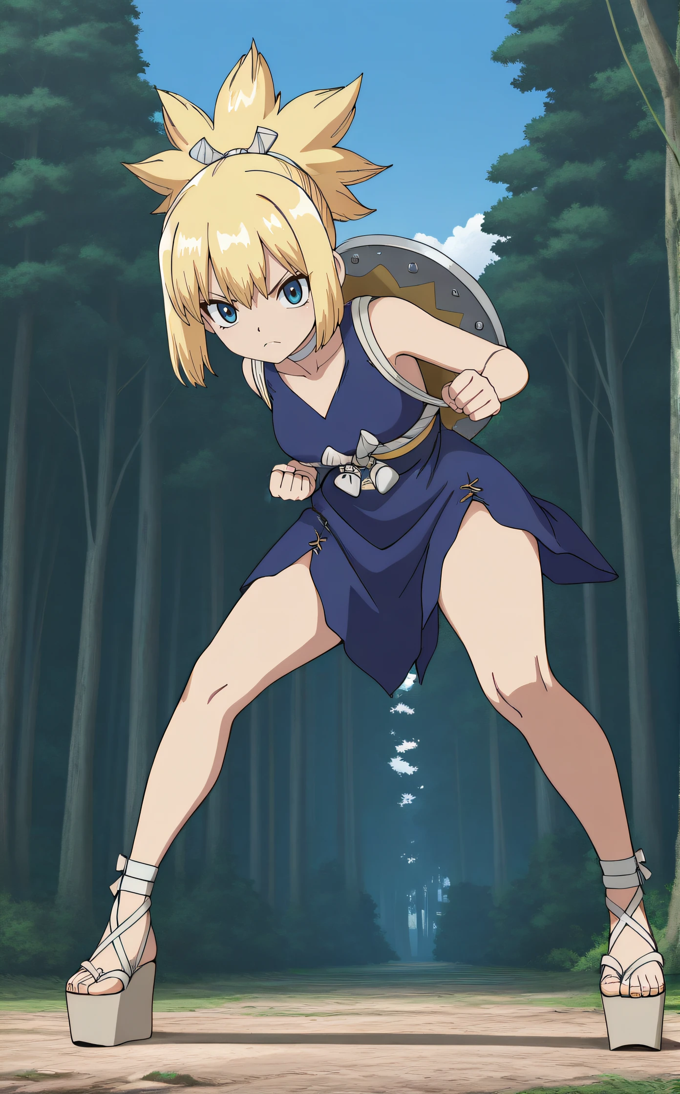 masterpiece, best quality, highres, newest, 1girl, solo, official style, anime screncap, <lora:IL_Kohaku:1>, kohaku, blonde hair, blue eyes, white choker, blue sleeveless dress, thighs, platform footwear, looking at viewer, fighting stance, shield on back, frown, full body, scenary, outdoor, blue sky, forest