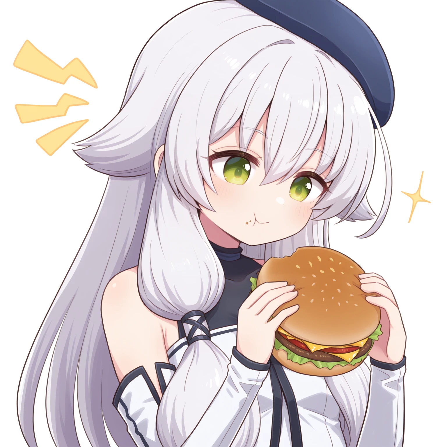 masterpiece, best quality, amazing quality, very aesthetic, absurdres, (naga_u:0.7), (subaru \(subachoco\):0.4), (e.o.:0.4)
1girl, solo,
<lora:AltinaKai_Illustrious:1>, Altina Orion, white hair, long hair, tress ribbon, sidelocks, green eyes, small breasts, beret, white dress, detached sleeves, black pantyhose, white boots,,
white background, simple background, upper body, portrait, happy, hungry, , eating hamburger, holding hamburger, eating burger, holding burger,, , cute,