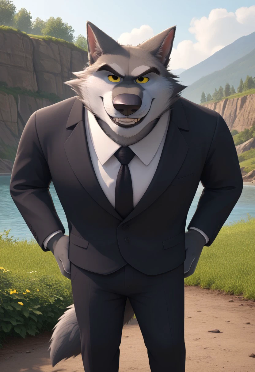 score_9, score_8_up, score_7_up, cartoon_style, ((by BodiPhant0m)), byBodiRDz, 4k, 8k, The best quality, very well drawn, detailed, high quality, detailed, 4k, high resolution, high quality, high resolution, outdoors, furry character, canine, 2d, solo, against the backdrop of the river, 
rockdog, linnux,
style rock dog, movie style, style[rockdog], rockdog, male, gray wolf, wolf boy, wolf, linnux,
(short) and fat, they wear dark suits with black ties, dark gray fur, a light gray muzzle and yellow eyes
(sexy), naked, exposed, easynegative, Split Lighting style, partially covered in shadow,
hands on hips, evil smile, (angry), (smile), (laughter),