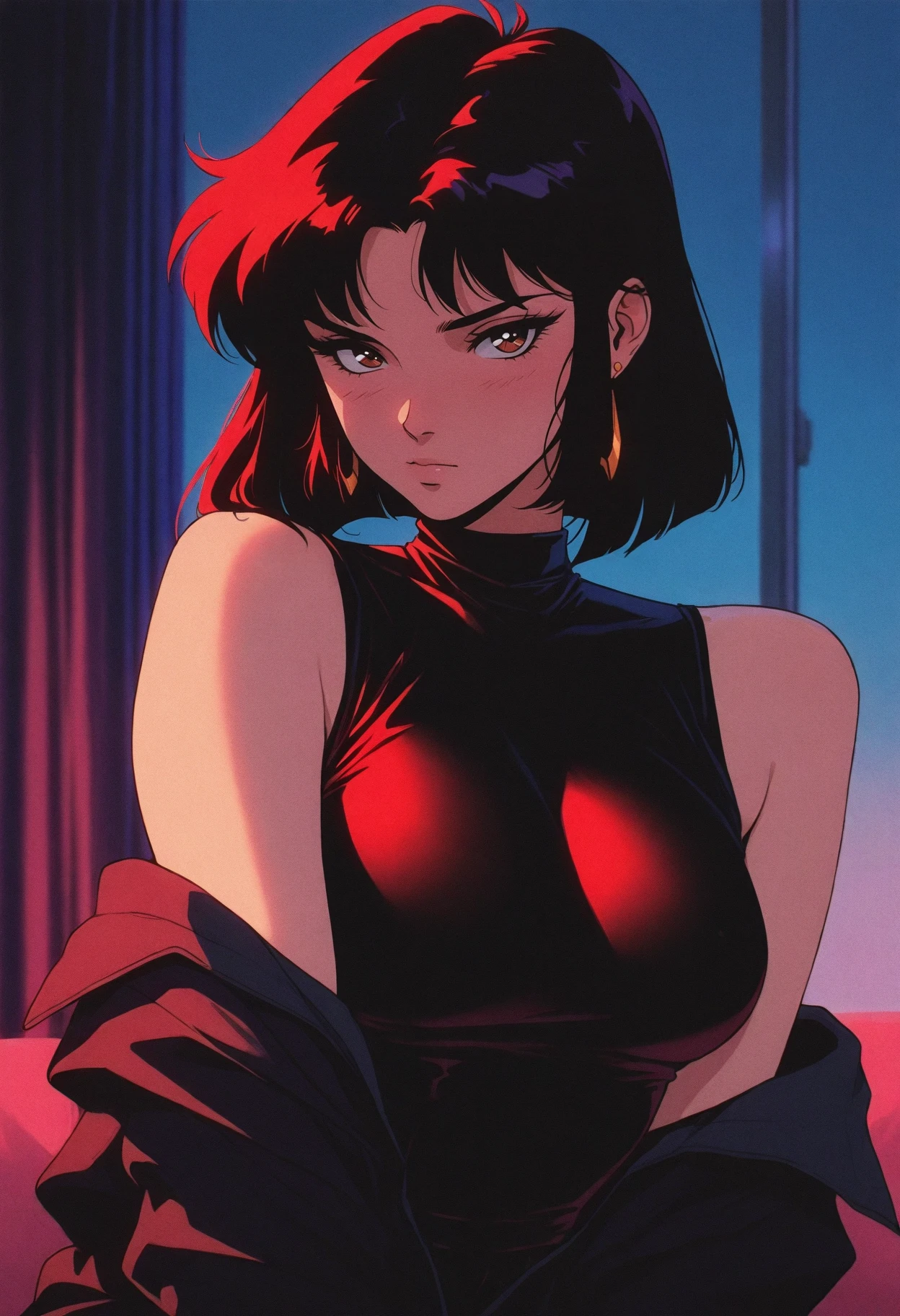melanch0ly, 1girl, solo, film grain, retro anime, best quality, masterpiece, <lora:MelancholyAnime:1>