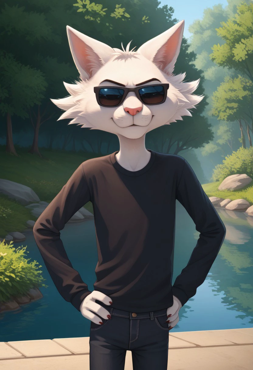 score_9, score_8_up, score_7_up, cartoon_style, ((by BodiPhant0m)), byBodiRDz, 4k, 8k, The best quality, very well drawn, detailed,
high quality, detailed, 4k, high resolution, high quality, high resolution, outdoors, furry character, canine, 2d, solo, against the backdrop of the river,
rockdog, angus,
style rock dog, movie style, style[rockdog], rockdog, male, cat, cat boy, angus,
anthropomorphic Persian cat with a very slender build,
white fur, a pink nose, red well-groomed claws, and it is revealed
that he has heterochromia, as he has different colored eyes - the right eye is blue,
and the left eye is brown, Angus's outfit consists of a black long-sleeved shirt,
dark gray jeans and black sunglasses,
detailed muzzle\face, detailed character,
(sexy), naked, exposed, easynegative, Split Lighting style, partially covered in shadow,
hands on hips, evil smile, (angry), (smile),
(laughter),