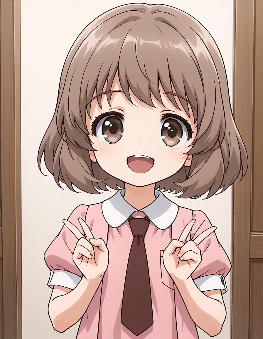 general,highres, ultra-detailed,very aesthetic,best quality ,best hands, BREAK <lora:Amatsuka_Sakura_IS:1>
AmatsukaSakura, 1girl,solo, brown hair, short hair, brown eyes, bangs,
2020s (style), anime coloring, smile, chibi, no hat,
1girl, solo, necktie, smile, open mouth,
looking at viewer, upper body, short sleeves, shirt, :d, pink shirt, vest,
collared shirt,
room,