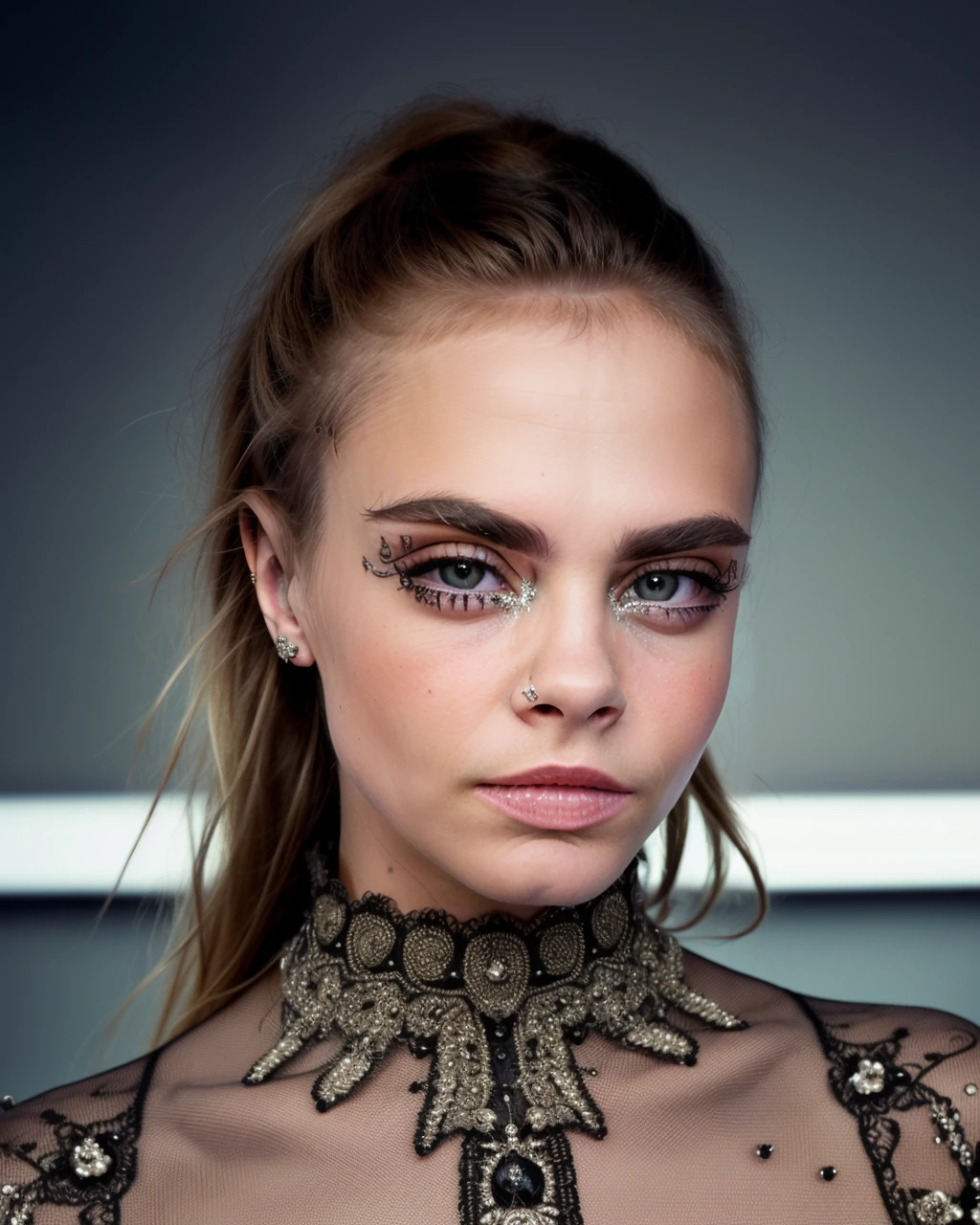 portrait of skswoman, :o , wearing prom dress , with dirty blonde Top knot , background spring epic (photo, studio lighting, hard light, sony a7, 50 mm, matte skin, pores, colors, hyperdetailed, hyperrealistic), <lyco:Cara DelevingneV2:1.2>