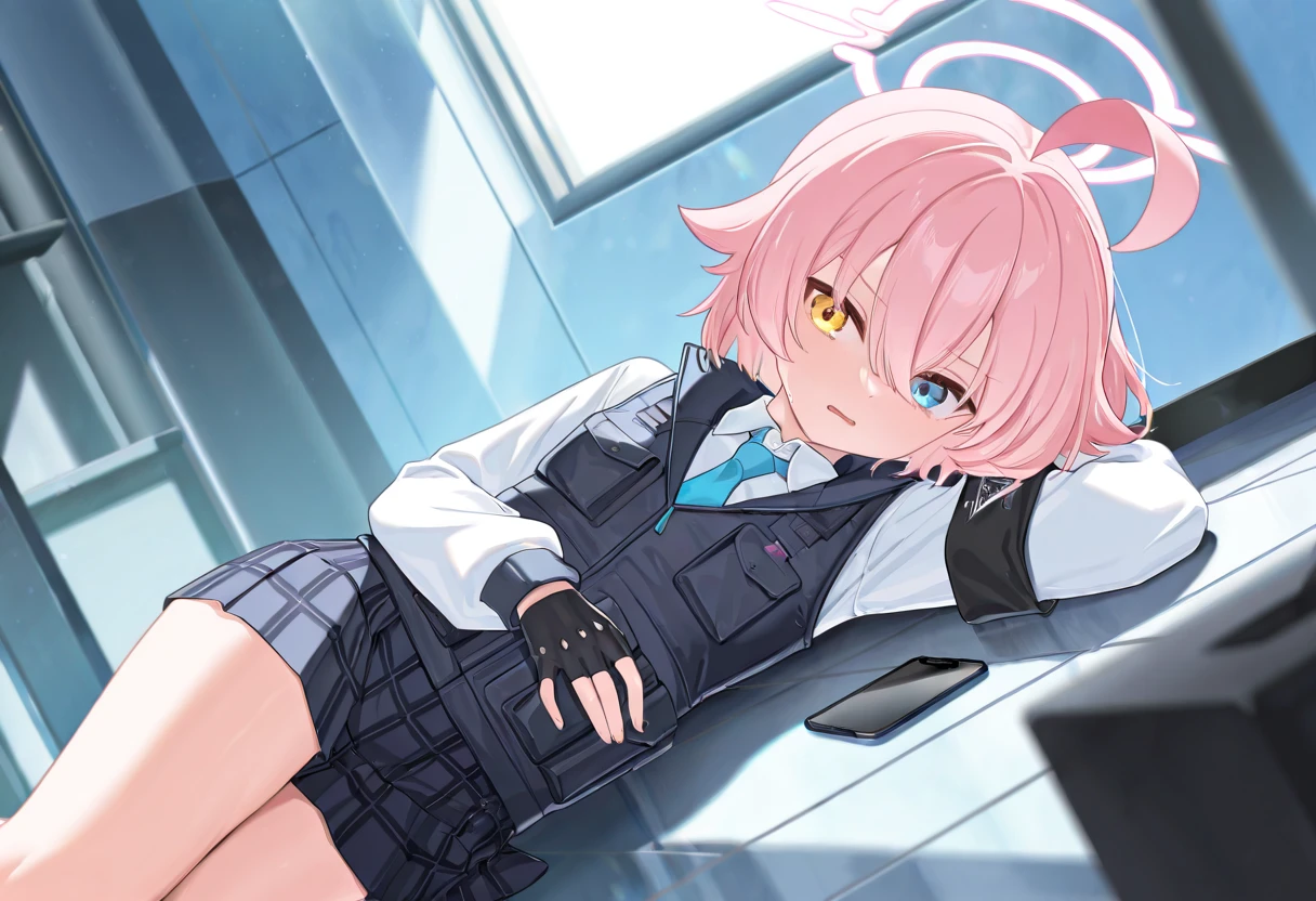 masterpiece, best quality, amazing quality, very aesthetic, high resolution, ultra-detailed, absurdres, newest, scenery, {Prompt}, BREAK, depth of field, masterpiece, best quality, amazing quality, very aesthetic, high resolution, ultra-detailed, absurdres, newest, scenery, volumetric lighting, takanashi_hoshino/(BA/),pink halo,1girl,pink_hair,short_hair,hair_between_eyes,halo,blue_eyes,yellow_eyes,heterochromia,armband,fingerless_gloves,long_sleeves,necktie,shirt,bulletproof_vest,skirt,small_breasts,lying