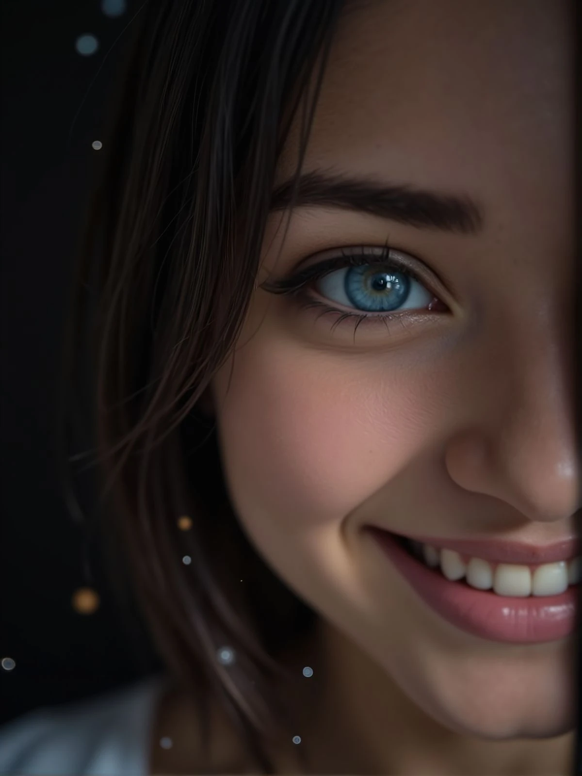 Sharp close shot of a young woman eye. Happy, open mouth, laughing. There is a black wall behind her and magical floating particles. <lora:woomy-1-flux:1> blue eyes, black hair,