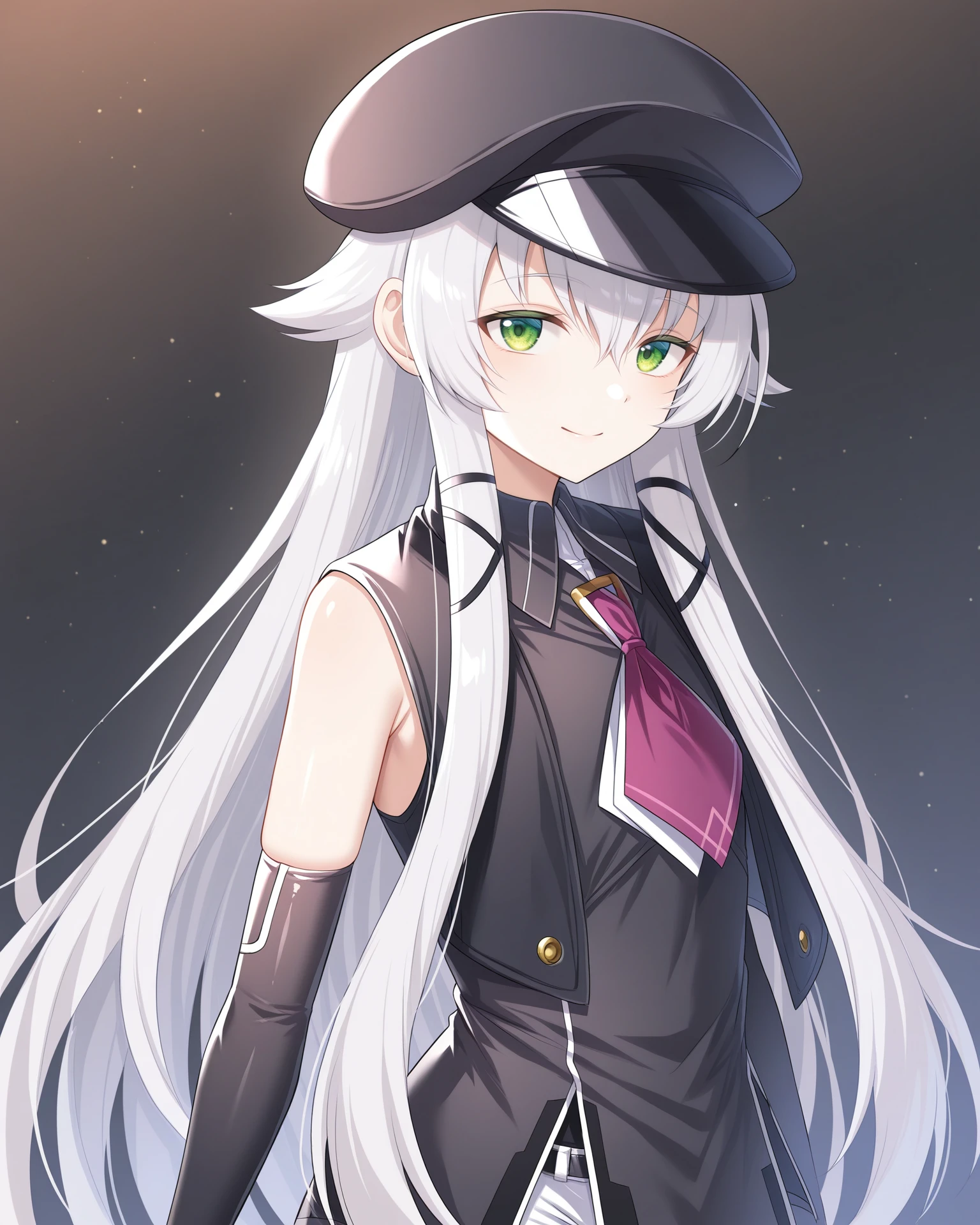 masterpiece, best quality, amazing quality, very aesthetic, absurdres, (by e.o.:0.7), (by chiharu \(9654784\):0.4), (by racoon-kun.:0.4),
1girl, solo,
<lora:AltinaOrionCS4_Illustrious:1>, Altina Orion, white hair, long hair, sidelocks, green eyes, flat chest, cabbie hat, sleeveless black top, purple necktie, black elbow gloves, white shorts, black thigh boots,,
simple background, black background, particles, upper body, portrait,
looking at viewer, smile,