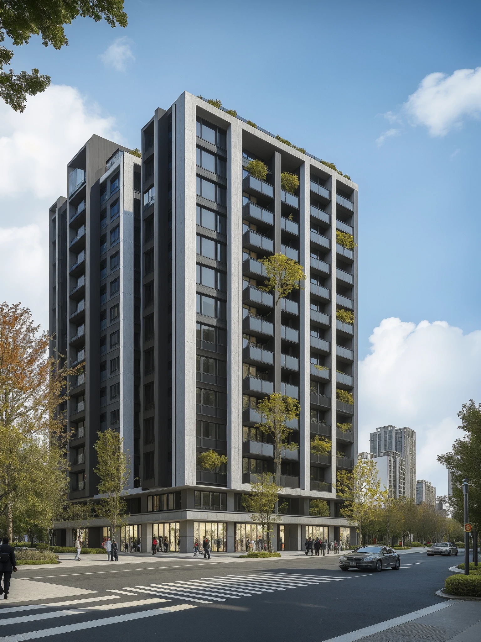 <lora:JJsBuilding_Apartment:.7>,((best quality)),((masterpiece)),((realistic)), , photorealistic, (Archviz), ((Apartment)), car, motor vehicle, outdoors, sky, ground vehicle, scenery, building, city, road, cloud, crosswalk, real world location, lamppost, tree, street, cityscape ,cloud , sidewalk, wood ,bush ,flower ,autumn leaves,