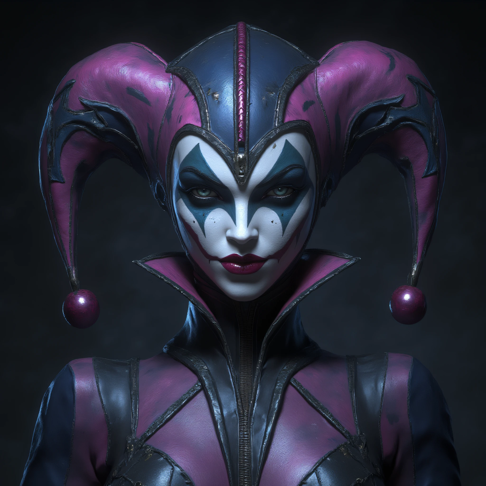 ArsMJStyle, Crimson Luminary, The image shows a woman wearing a jester's hat and a purple and black outfit with a dark background. She is wearing a costume inspired by the character Harley Quinn from the video game League of Legends., 1girl, solo, high collar, hat, makeup, looking at viewer, facepaint, jester cap, smile, lipstick