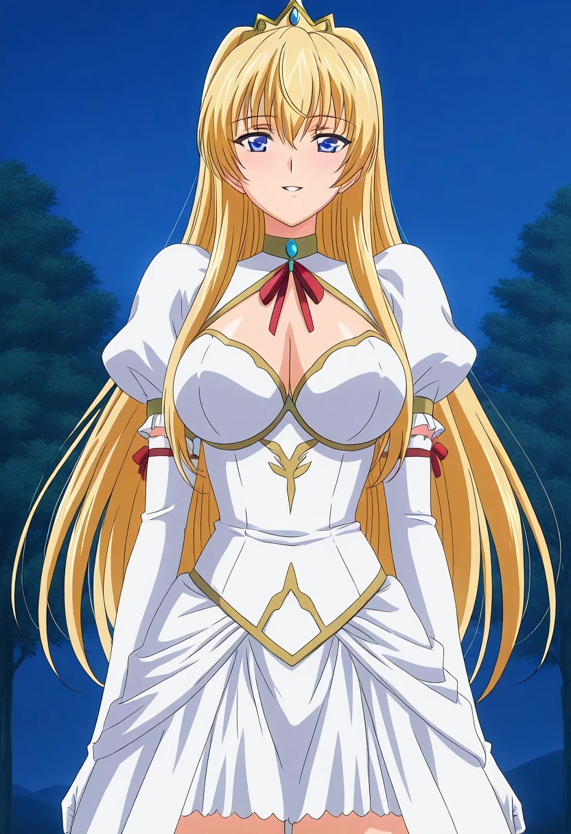 very_aesthetic, best_quality ,high_resolusion,ultra detailed,easynegative,EasyNegativeV2,anime screencap,
standing, straight-on, smile,parted lips,outdoor, cowboy shot,dress,crown,
Grenoble jannu,blonde_hair, blue_eyes, large_breasts,
