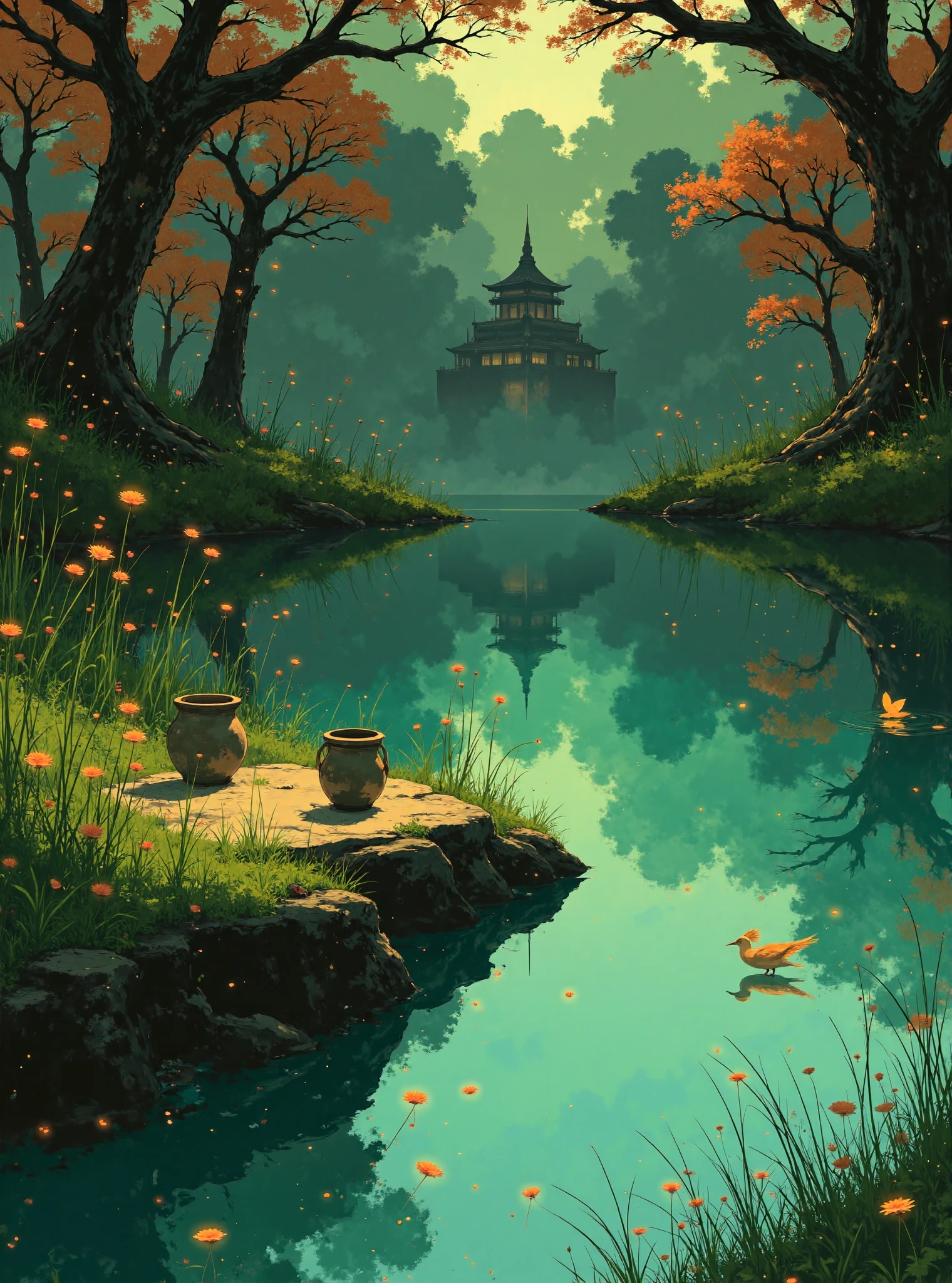 A serene, picturesque scene of a tranquil pond surrounded by a lush green forest in the heart of nature. The water in the pond is crystal clear, reflecting the dense canopy of trees above. Delicate ripples form as gentle breezes disturb the surface, with small, colorful autumn leaves floating lazily on the water.
In the foreground, a moss-covered stone platform juts into the pond, adorned with wildflowers and grasses. Two small, ornate pots sit on the platform, adding a touch of rustic charm. A tiny yellow duck floats nearby, adding a lively element to the otherwise peaceful scene.
In the background, partially obscured by the foliage, stands a traditional Japanese-style pagoda with a curved roof, its silhouette blending harmoniously with the natural environment. The pagodaâs reflection shimmers gently on the pondâs surface. A splash of red autumn leaves on a nearby tree adds a vibrant contrast to the predominantly green palette.
The lighting is soft and diffused, as if filtered through the leaves, casting a magical glow over the scene. The overall atmosphere exudes tranquility and connection to nature, with meticulous details capturing the interplay of light, water, and foliage. The art style is vivid and semi-realistic, with a painterly touch that emphasizes the serenity of the landscape.
<lora:ì묵í_No2:0.8>