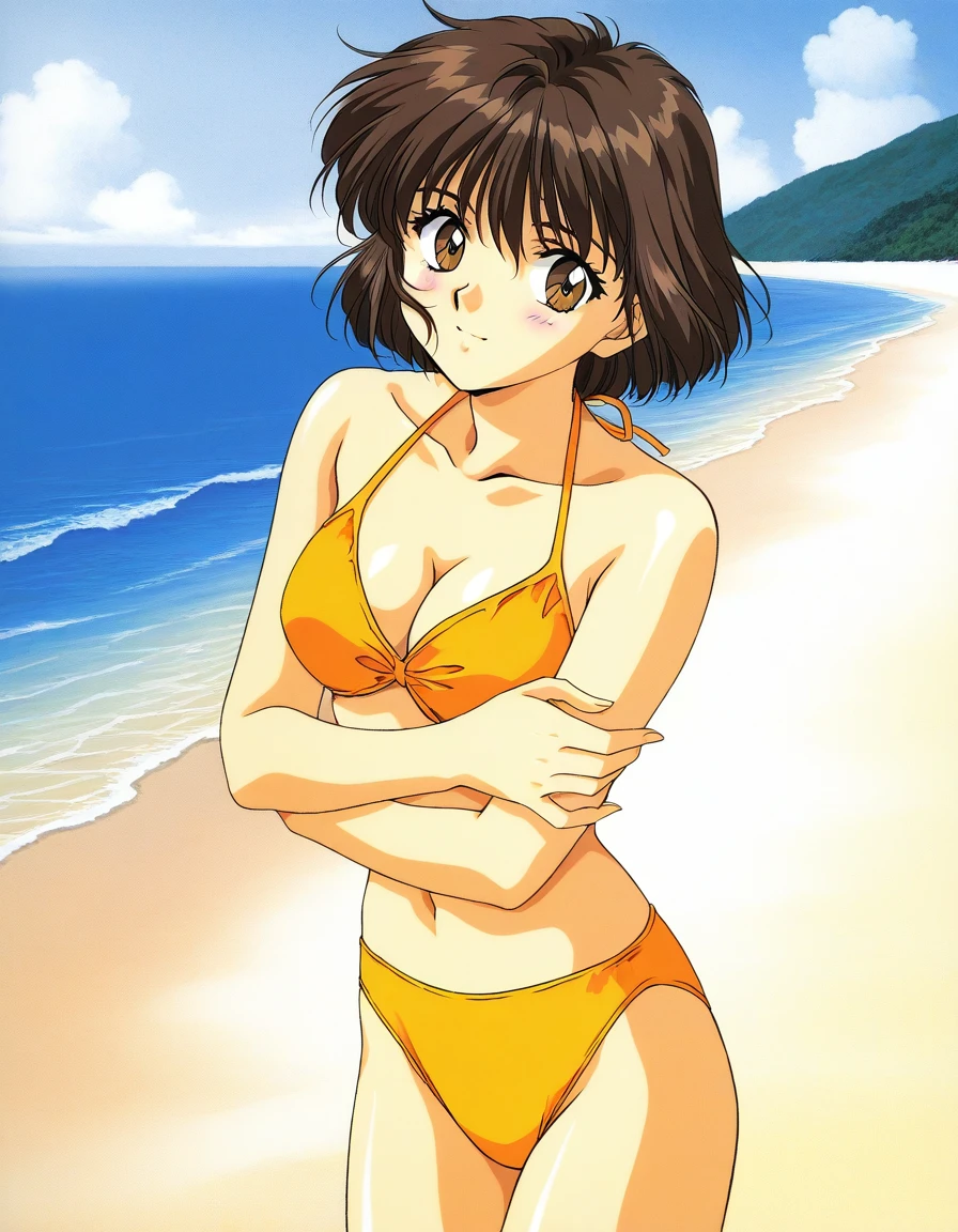 <lora:urushi_satoV7:1> (urushisato:1.2), a young beautiful woman, best quality,(ultra high res), (photorealistic:1.4), bikini top,short hair, lowleg,smile,face forward,on the beach,beautiful detailed sky, beautiful detailed water,cloud,