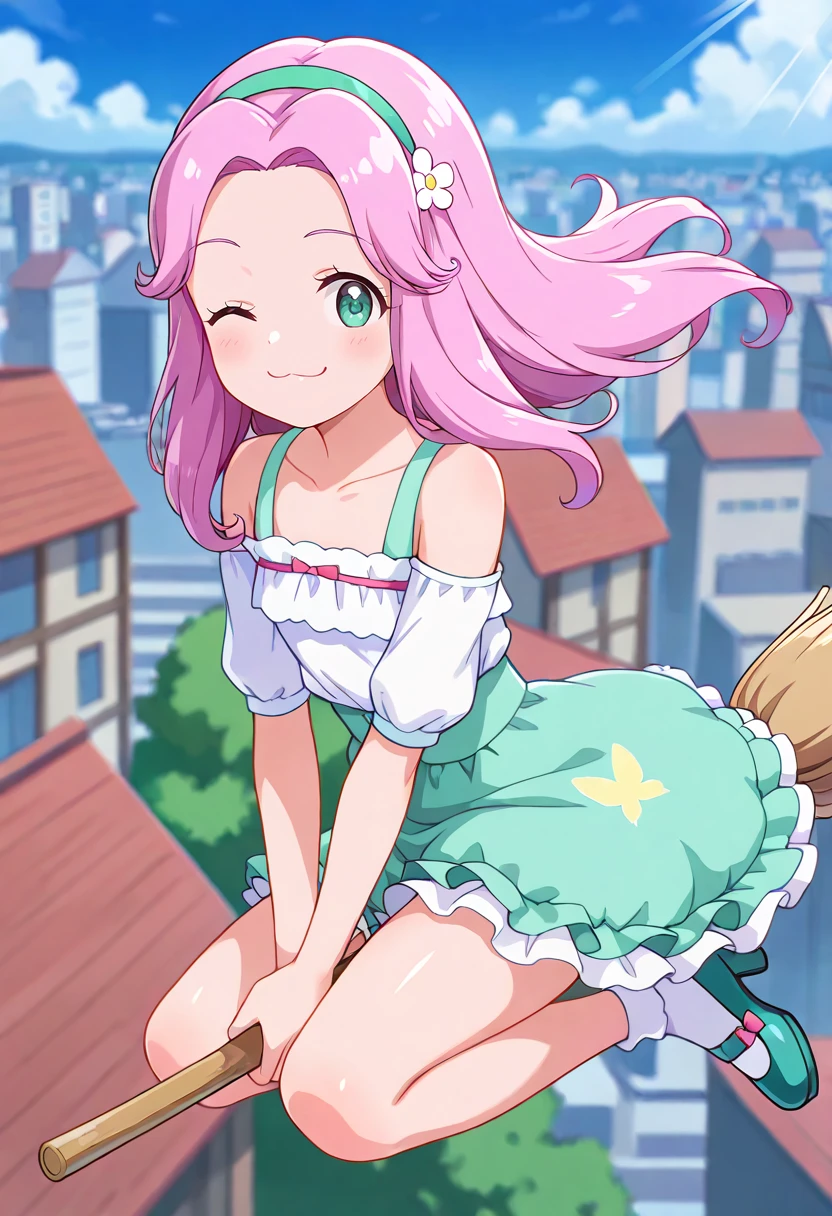 masterpiece, best quality, absurdres, very aesthetic, general,
hanami kotoha, casual, 1girl, solo, one eye closed, pink hair, smile, long hair, broom riding, green eyes, hair flower, blush, collarbone, cloud, flying, day, full body, broom, outdoors, closed mouth, looking at viewer, white shirt, holding broom, bare shoulders, green footwear, midair, off-shoulder shirt, green skirt, pink bow, floating hair, eyebrows visible through hair, puffy short sleeves, shiny hair, detached sleeves, blue sky, frilled skirt, ;\), aqua skirt, building, miniskirt, cloudy sky, green hairband, bare legs, aqua footwear, thighs, city, sunlight, blue footwear, off shoulder, wind, layered skirt, floating, happy, white flower, petticoat, wind lift, house, aqua hairband, hair intakes, cityscape, breasts, eyelashes, blouse, pink ribbon, white sleeves, parted bangs, high heels, flat chest, white legwear, town, frilled dress, blurry background, headband, white blouse, shiny skin, sleeveless shirt, high-waist skirt, light rays, ;3, mary janes, white socks, hand between legs, above clouds, butterfly print,
<lora:cure_felice_hanami_kotoha_illustXL_locon_v1:0.7>