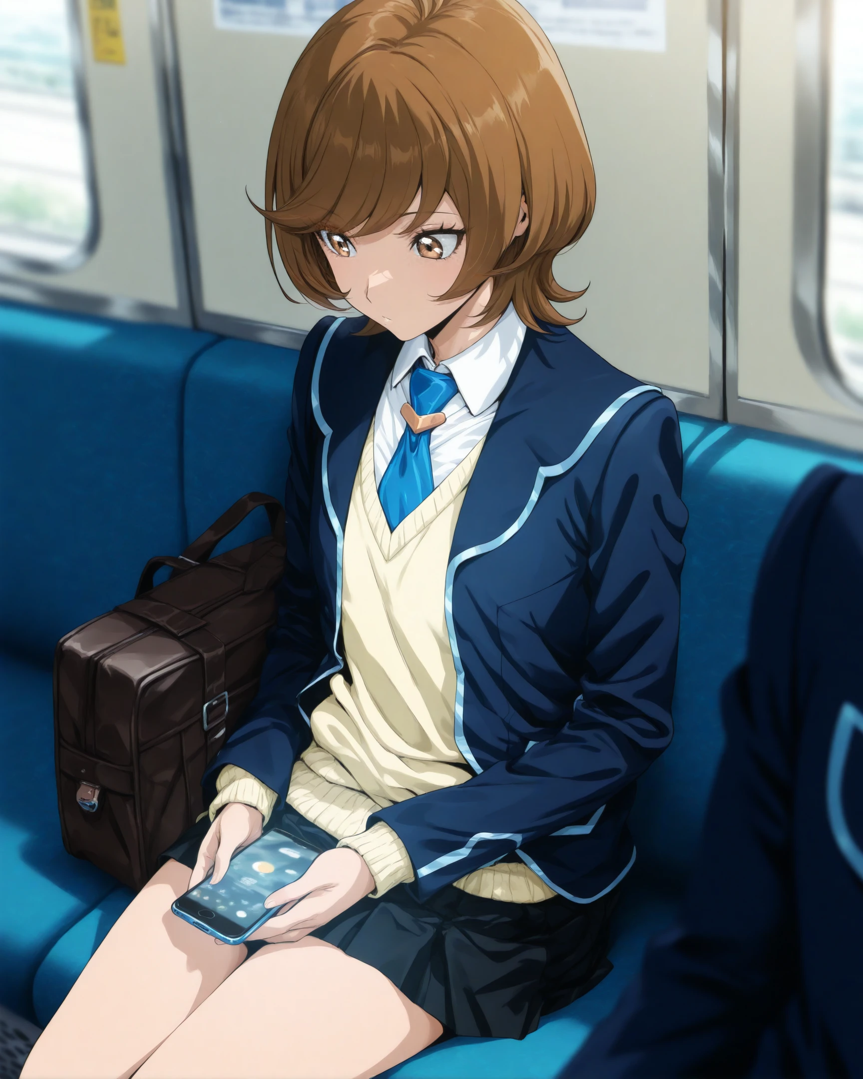 masterpiece, best quality, high resolution, absurdres,1girl,newest,kubo tite \(style\),explicit,anime coloring,flat color,
<lora:AoiZaizen_ill_v1:1>,
SKYAOI,short hair,brown hair,brown eyes,school uniform,white shirt,collar,blazer,blue jacket,blue necktie,yellow sweater,long sleeves,pleated skirt,black skirt,
sitting on seat,school bag,looking smartphone,
small breasts,
on train,depth of field,