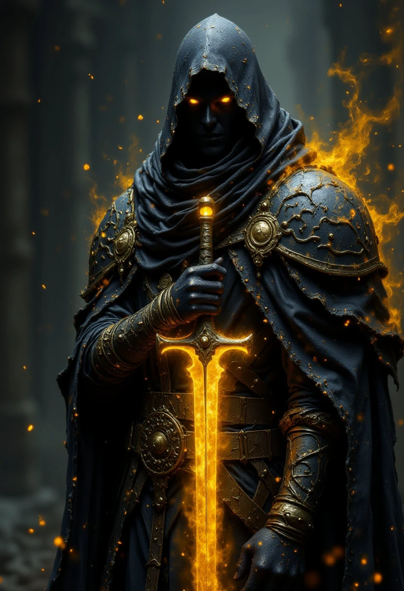 A captivating conceptual illustration of a dark entity clad in intricate, powerful armor. The figure is shrouded in darkness, with only two glowing yellow eyes visible, and holds a massive glowing yellow sword against their chest. Their ornate armor, a blend of power and magic, is accentuated by an aura of yellow particles that emit a mystical and formidable presence. The character's confident and strong posture is highlighted against the dark background, with shadows adding depth and contrast. This striking image is perfect for a high fantasy or dark cinematic setting.