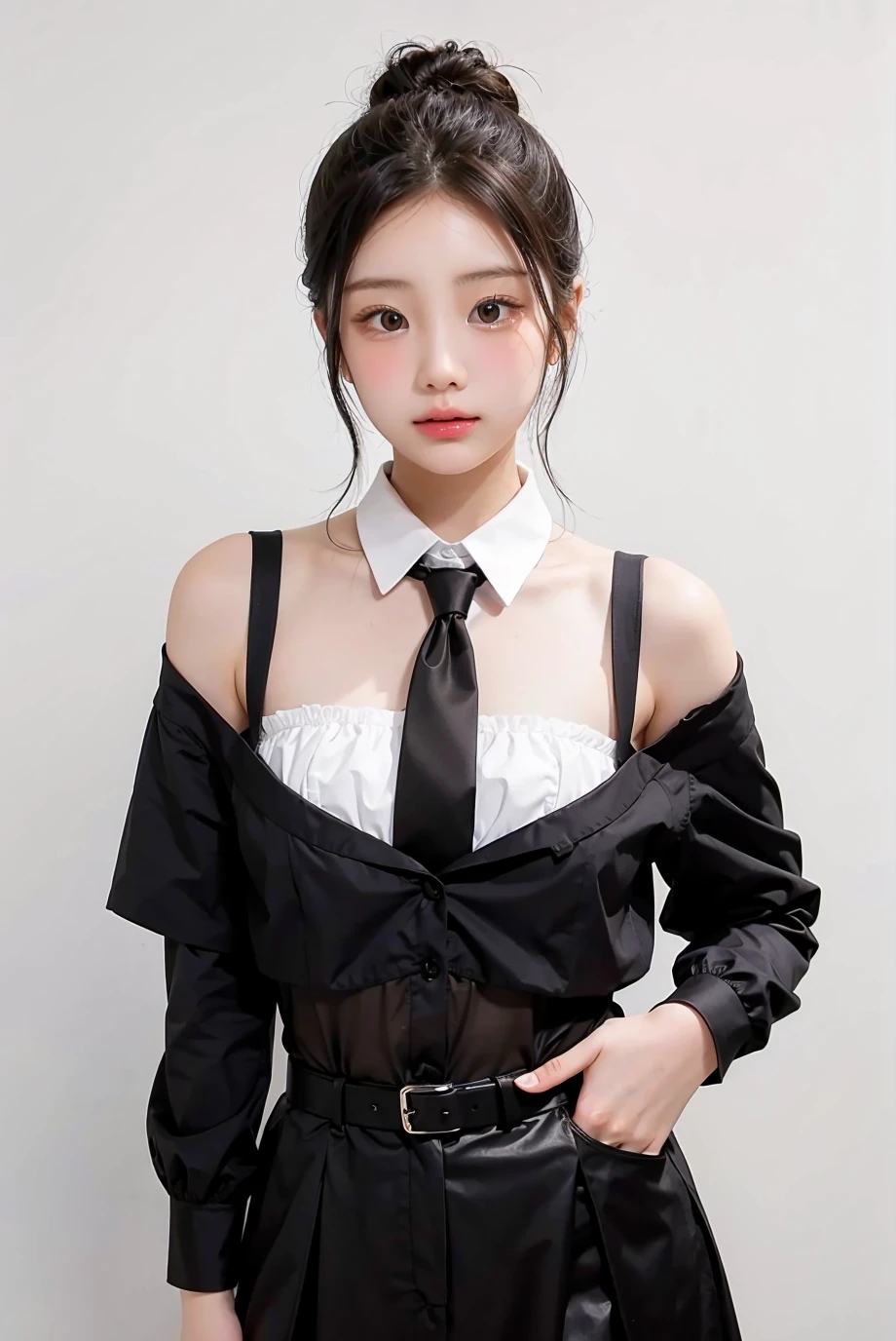 A woman with a black and white bow tie around her neck, a black jacket over her shoulders, and a white shirt, topless, casual hair, at office