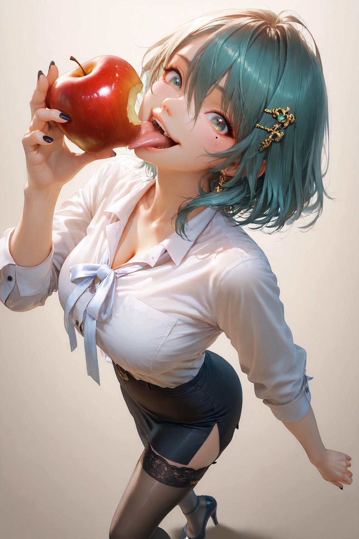 masterpiece,best quality,amazing quality,very absurdres,aesthetic,newest,impactful picture,offcial art,movie perspective,
tamaki \(doa\),mole, mole under eye,medium hair, hair between eyes, asymmetrical bangs, ahoge,
golden blue claw hairclip,golden double ring earrings,black nails,
office lady, shirt, white shirt, collared shirt, sleeves past elbows, neck ribbon, white neck ribbon, button \(fastener\), skirt, pencil skirt, black skirt, side slit skirt, thighhighs, black thighhighs, lace-trimmed legwear, black footwear, high heels,
looking at viewer,apple,fog,from_side,from_above,large_breasts,cleavage,evil smile,tongue,(lick the apple),very close-up,tongue close-up,crazy,
<lora:doa_tamaki_noobxl_vpred10_v10:1.0>
