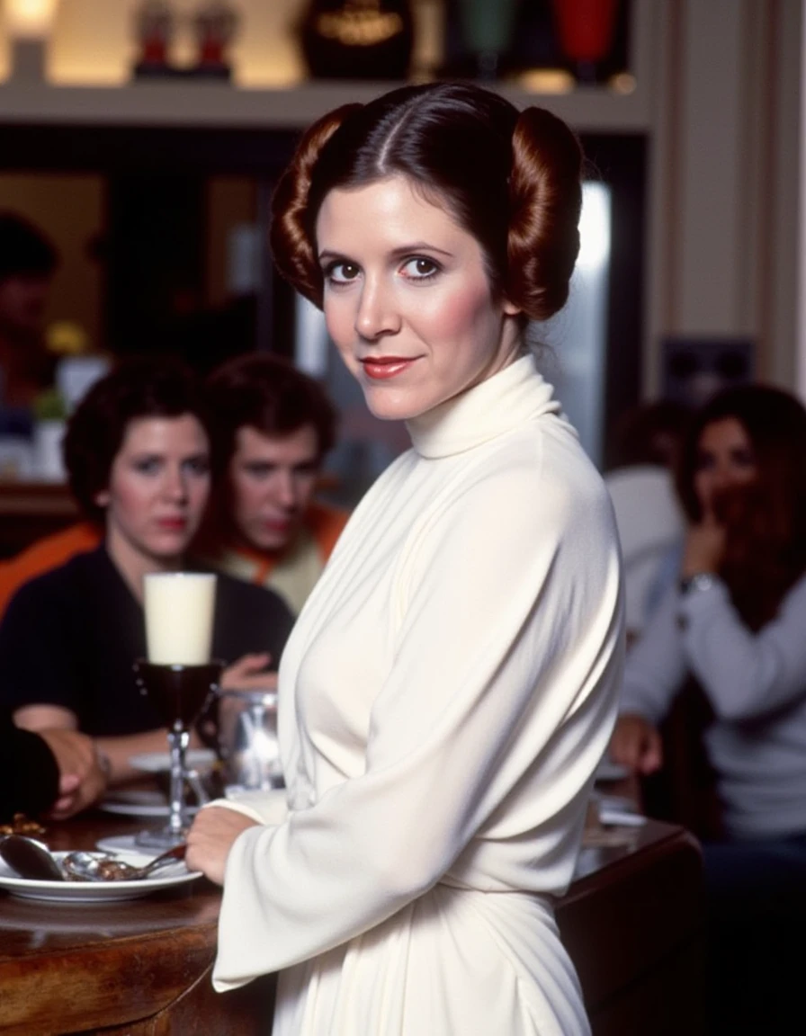 shot of Carrie Fisher in princess leia cosplay, (princess Leia), Star Wars, (Jedi robes), (((1970s))) extremely high quality RAW photograph, detailed background, intricate, Exquisite details and textures, highly detailed, ultra detailed photograph, warm lighting, artstation, 4k, sharp focus, high resolution, detailed skin, detailed eyes, 8k uhd, dslr, low harsh lighting, high quality, film grain, Fujifilm XT3,