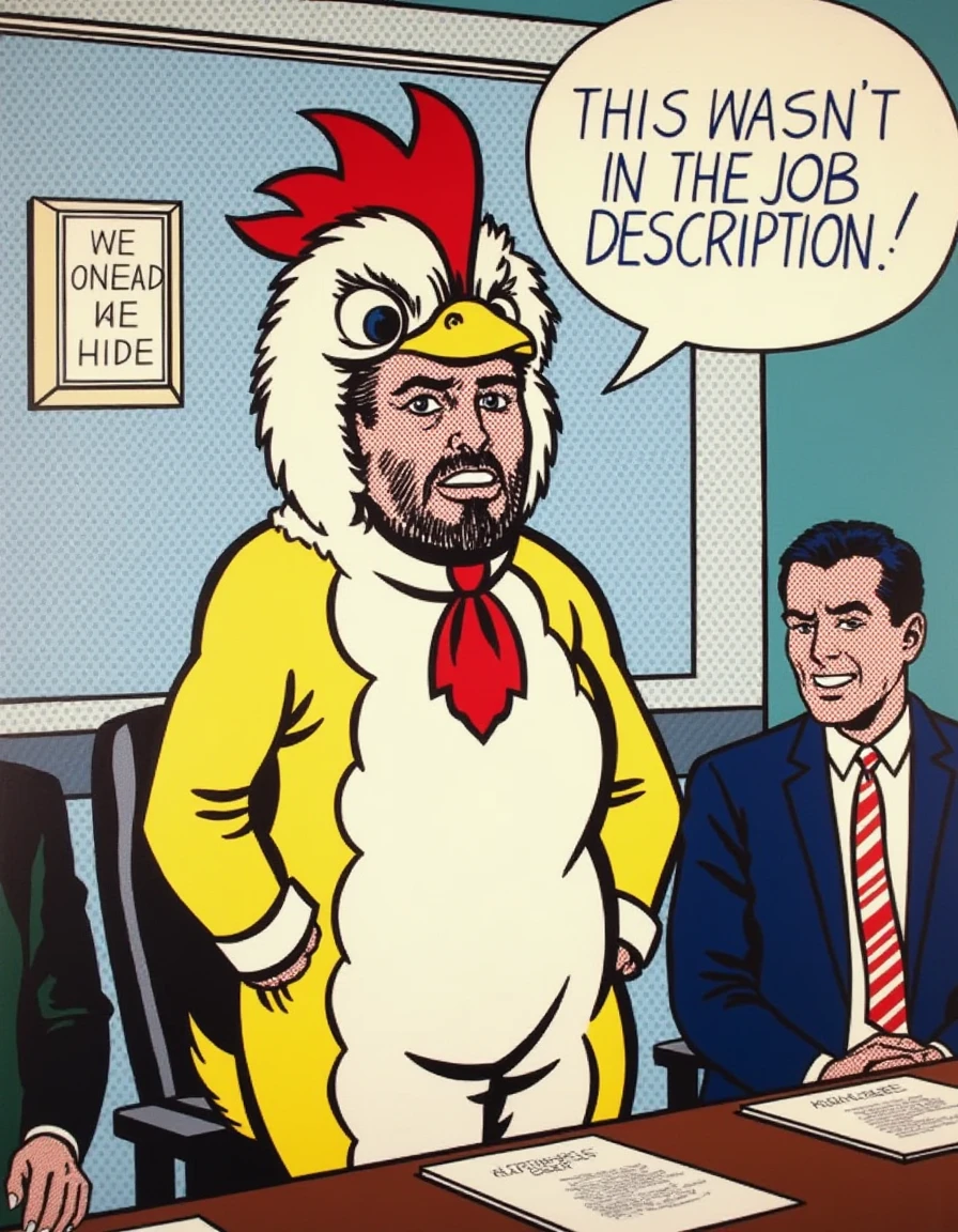 a dilchtnstn style pop art painting drawing, <lora:Roy-Lichtenstein_v20-000037:1>, A man in a chicken costume standing in a boardroom, his expression desperate, a speech bubble saying, "THIS WASNâT IN THE JOB DESCRIPTION!" close-up, slight above angle