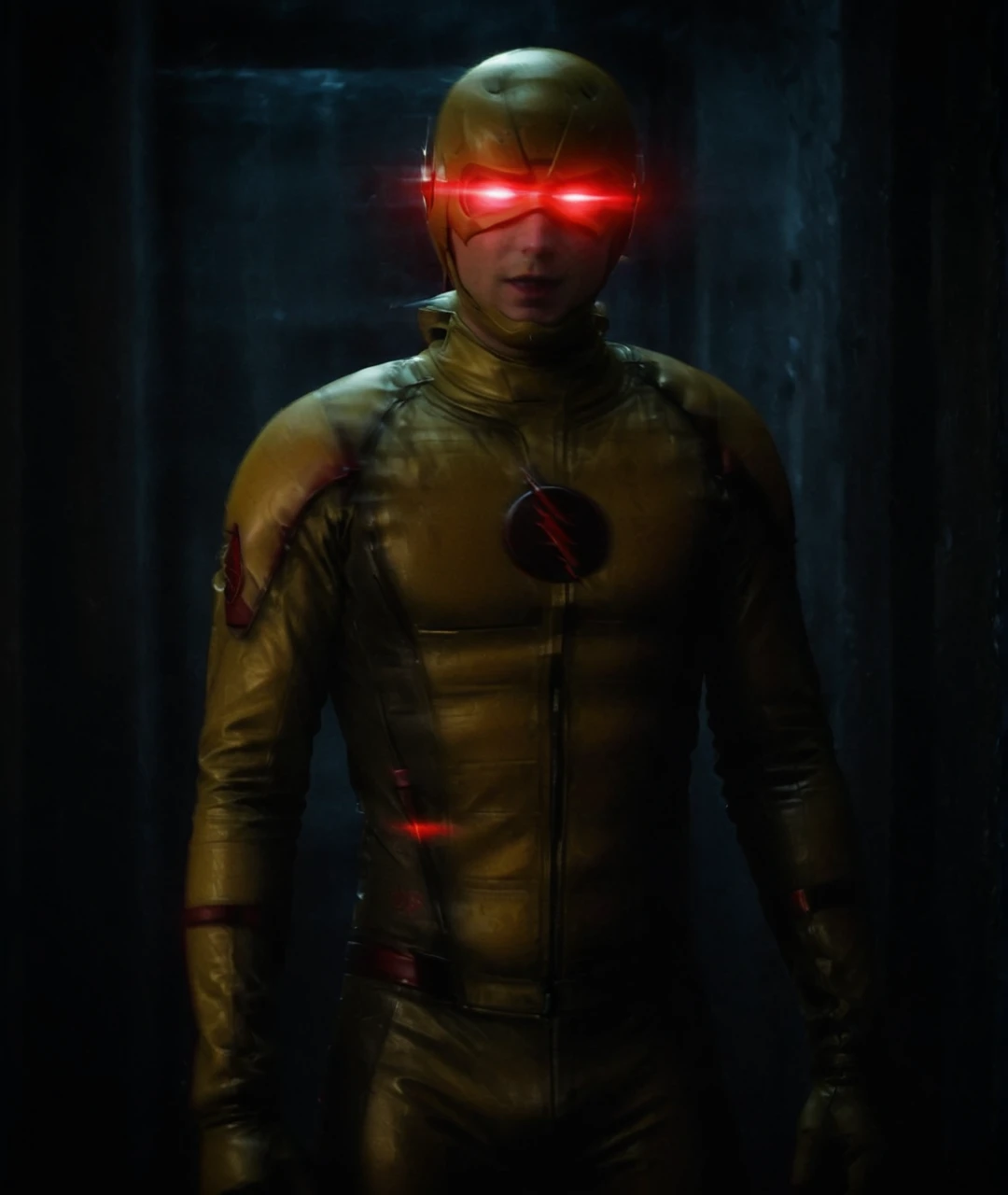 Dark photo, A man in reverse flash suit with glowing red eyes and vibrating body and he is emitting extreme level of red lightnings out of his body across the dark room, unmasked face <lora:Into_Darkness:1> <lora:Reverse_Flash_Lora:1>